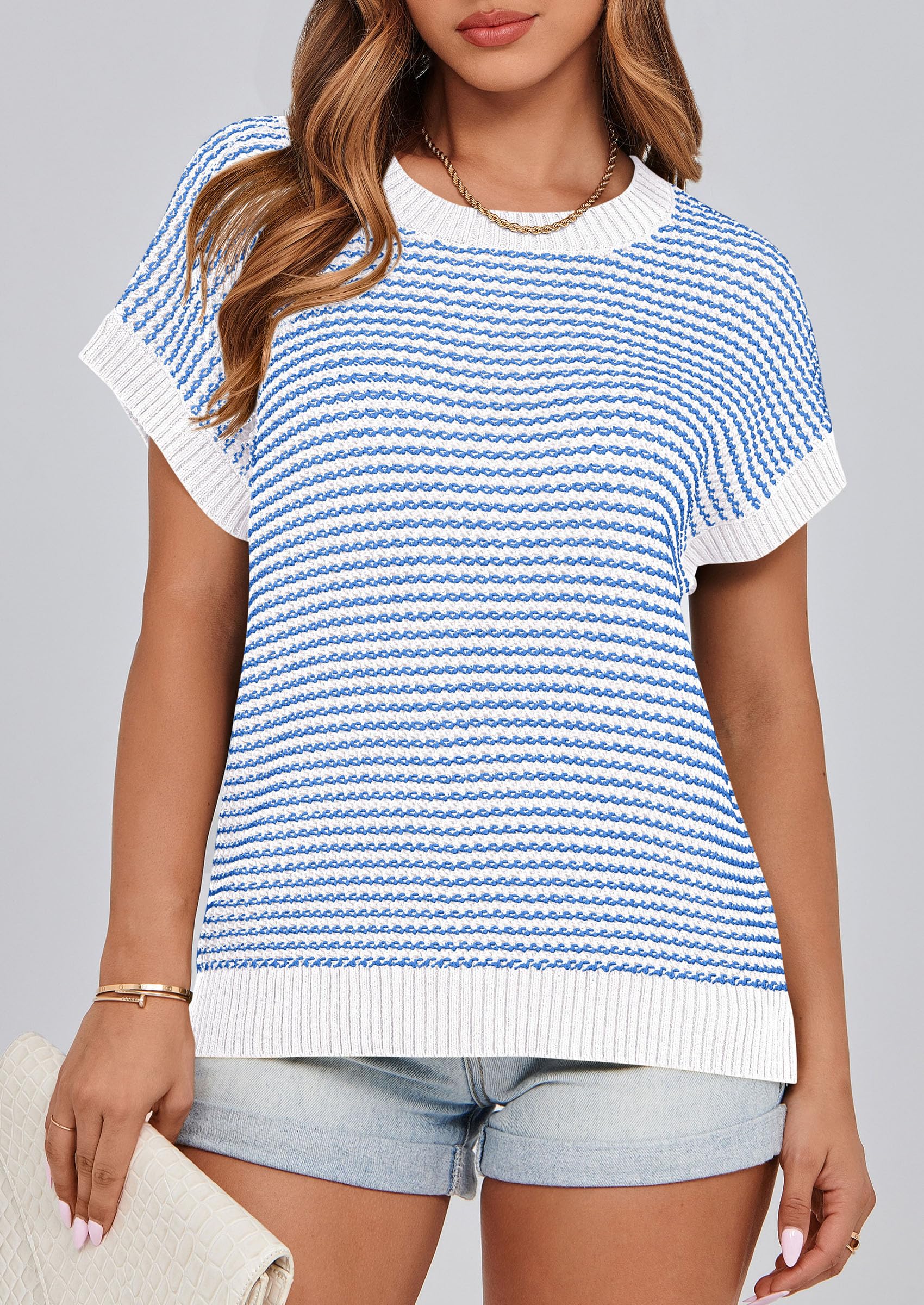 Women's Striped Short Sleeve Sweater Vest Blue,S