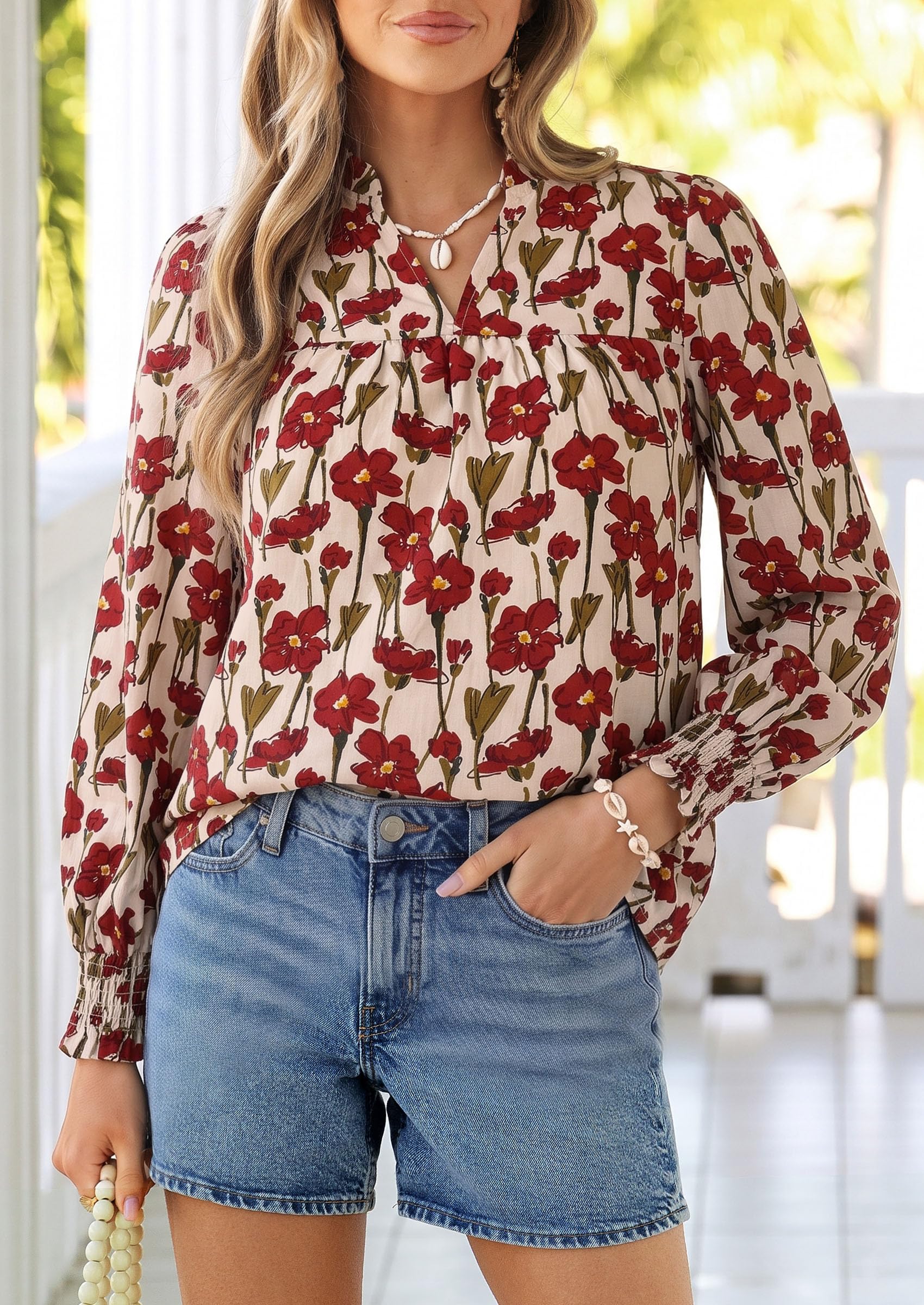 Women's Boho Floral Blouses Dressy Casual Apricot Red,S