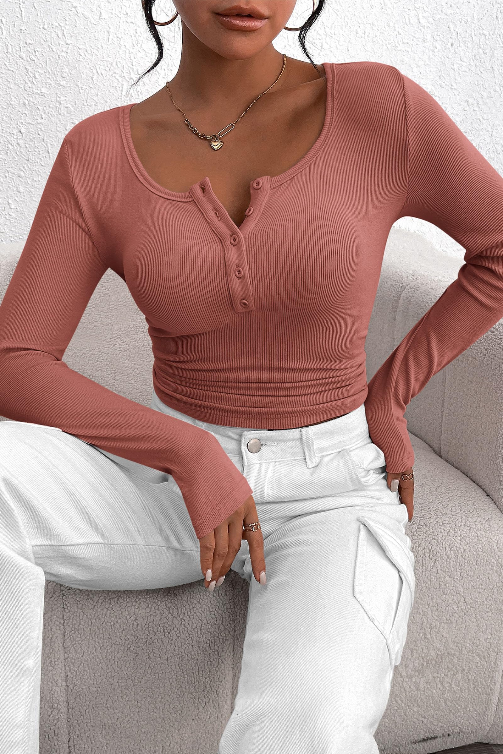 Women's Fall Long Sleeve Henley T Shirts Heather Pink