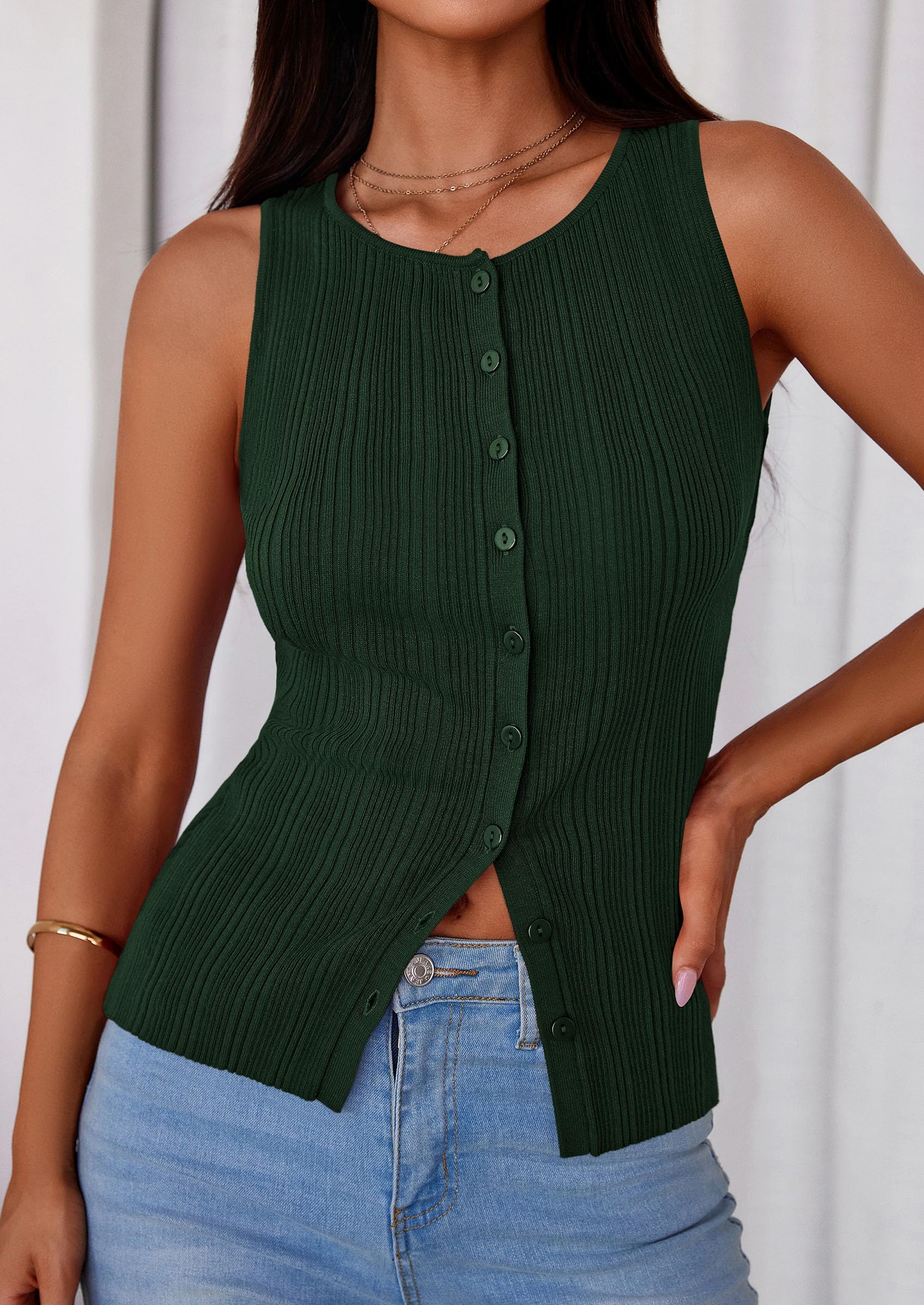 Sleeveless Button Down Shirts for Women Summer 2026 Going Out Ribbed Knit Tank Tops Y2K Clothes Trendy Vest Tops Dark Green