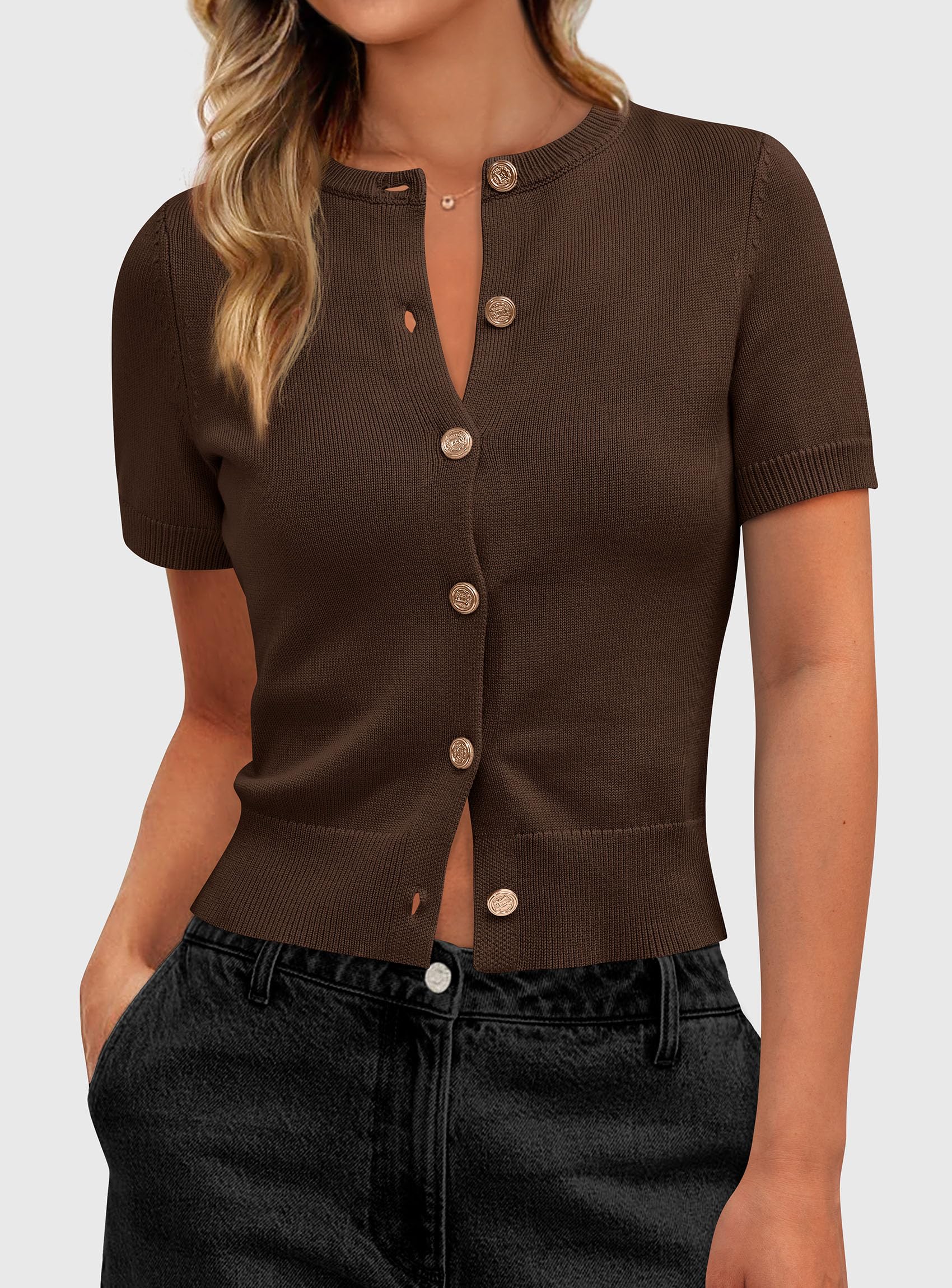 Womens Summer Cardigan Short Sleeve Sweater,Dark Brown,S