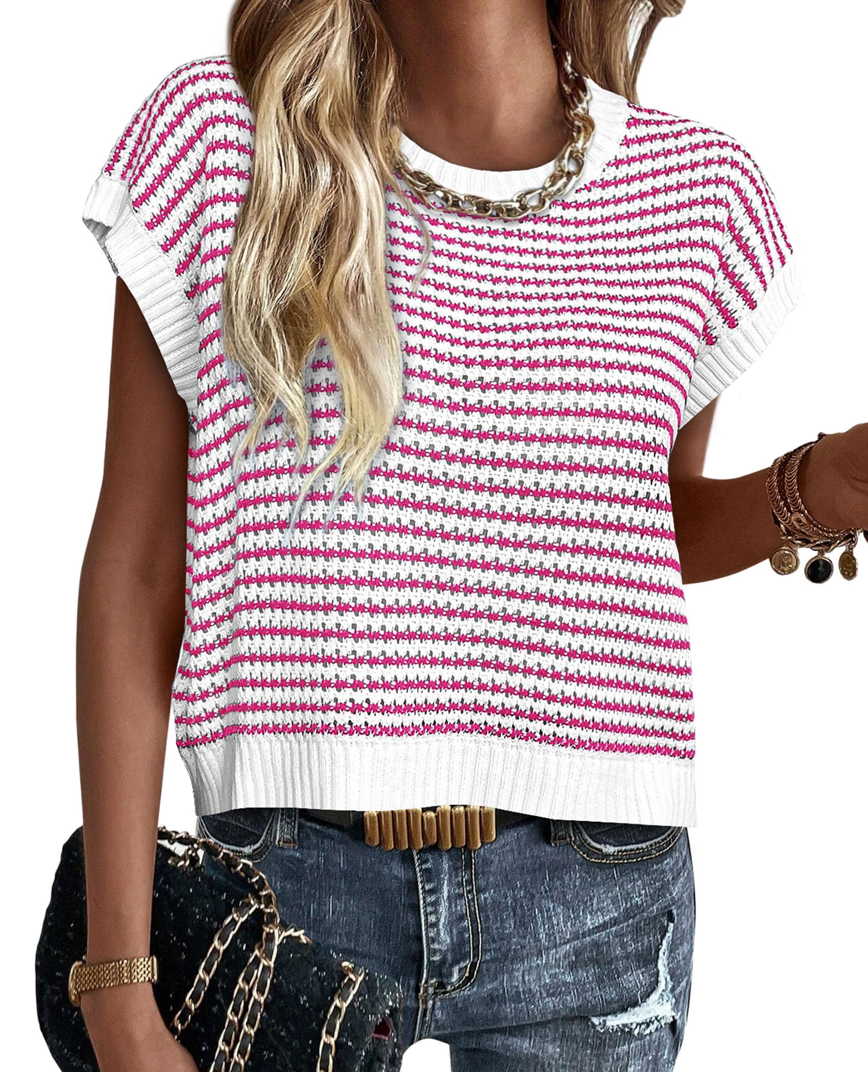 Women's Striped Short Sleeve Sweater Vest Rose Red,S