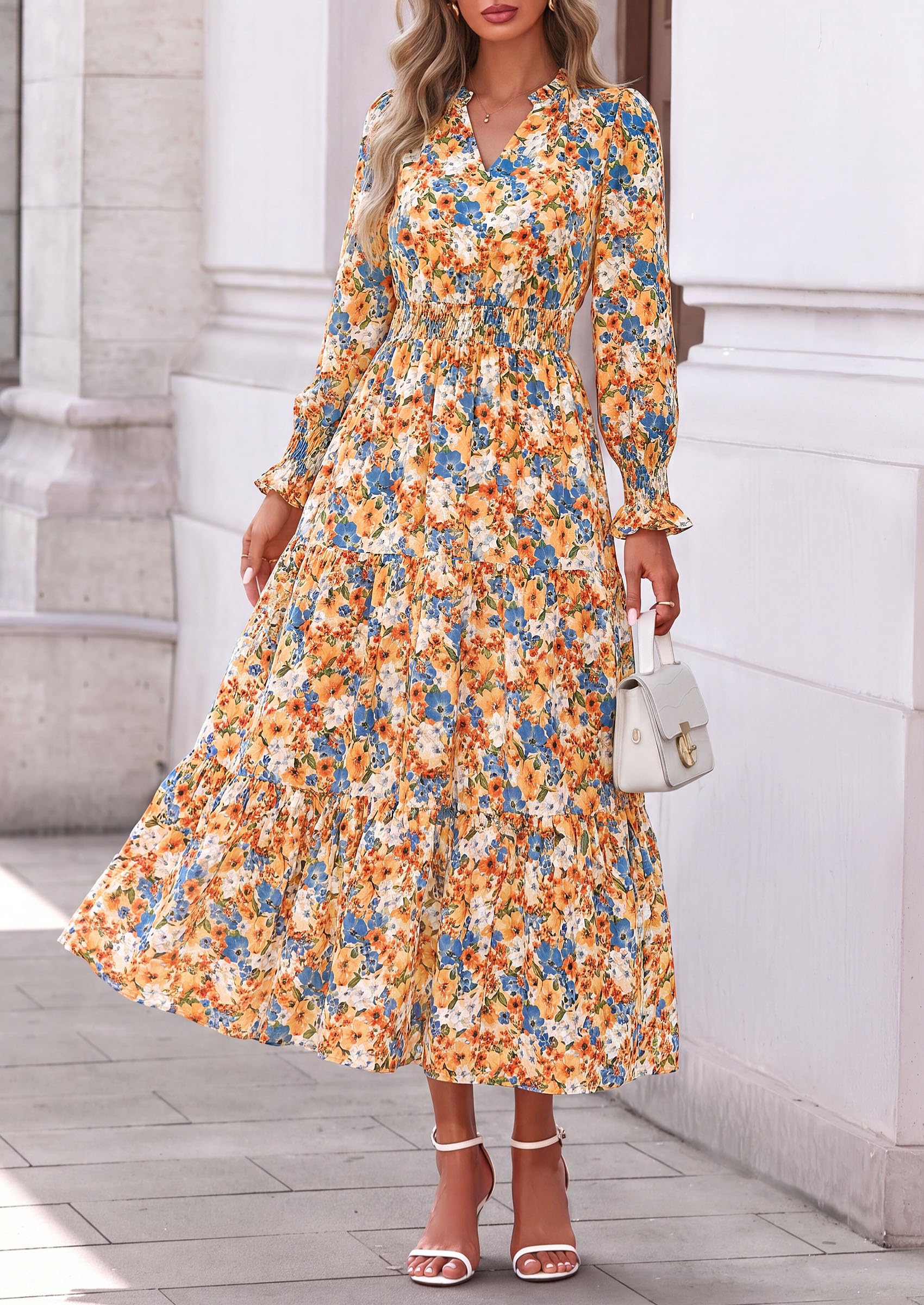 Women's Floral Maxi Dress Fall A Line Wedding Guest Dresses