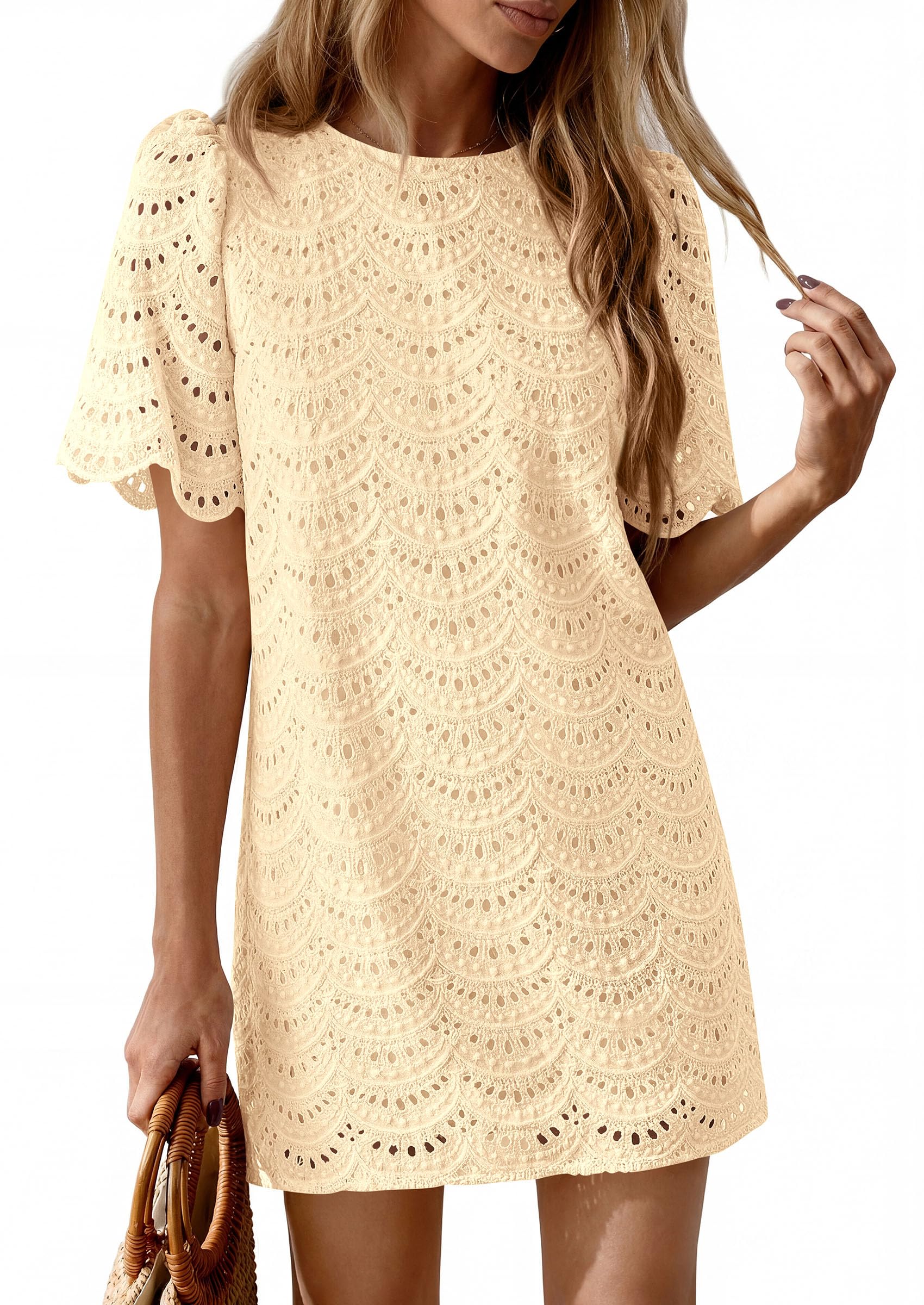 Women's Summer Eyelet Lace Short Dress (Beige,S)