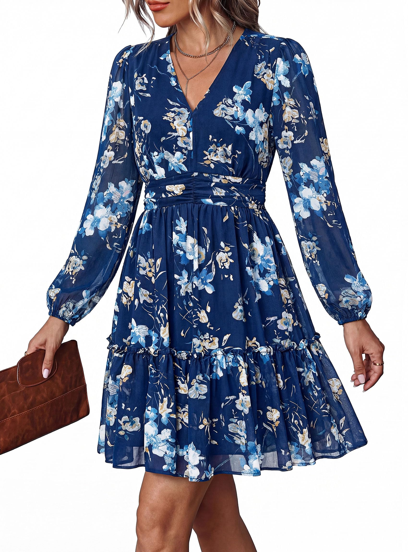 Women Floral Long Sleeve Mini Dress Fall Wedding Guest Dresses