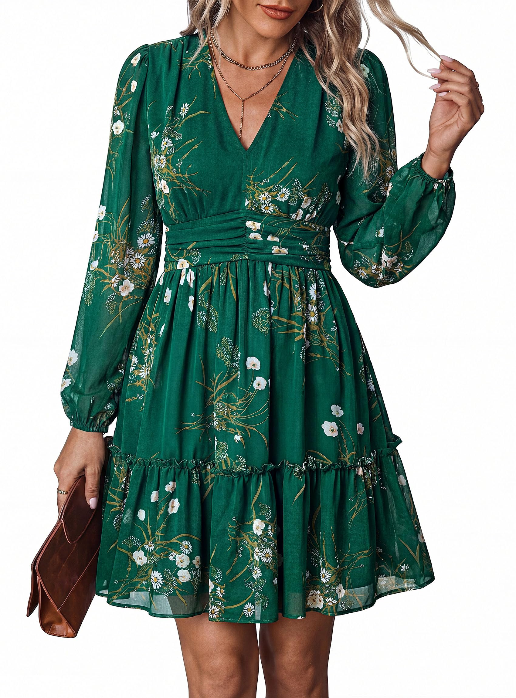 Women Floral Long Sleeve Mini Dress Fall Wedding Guest Dresses