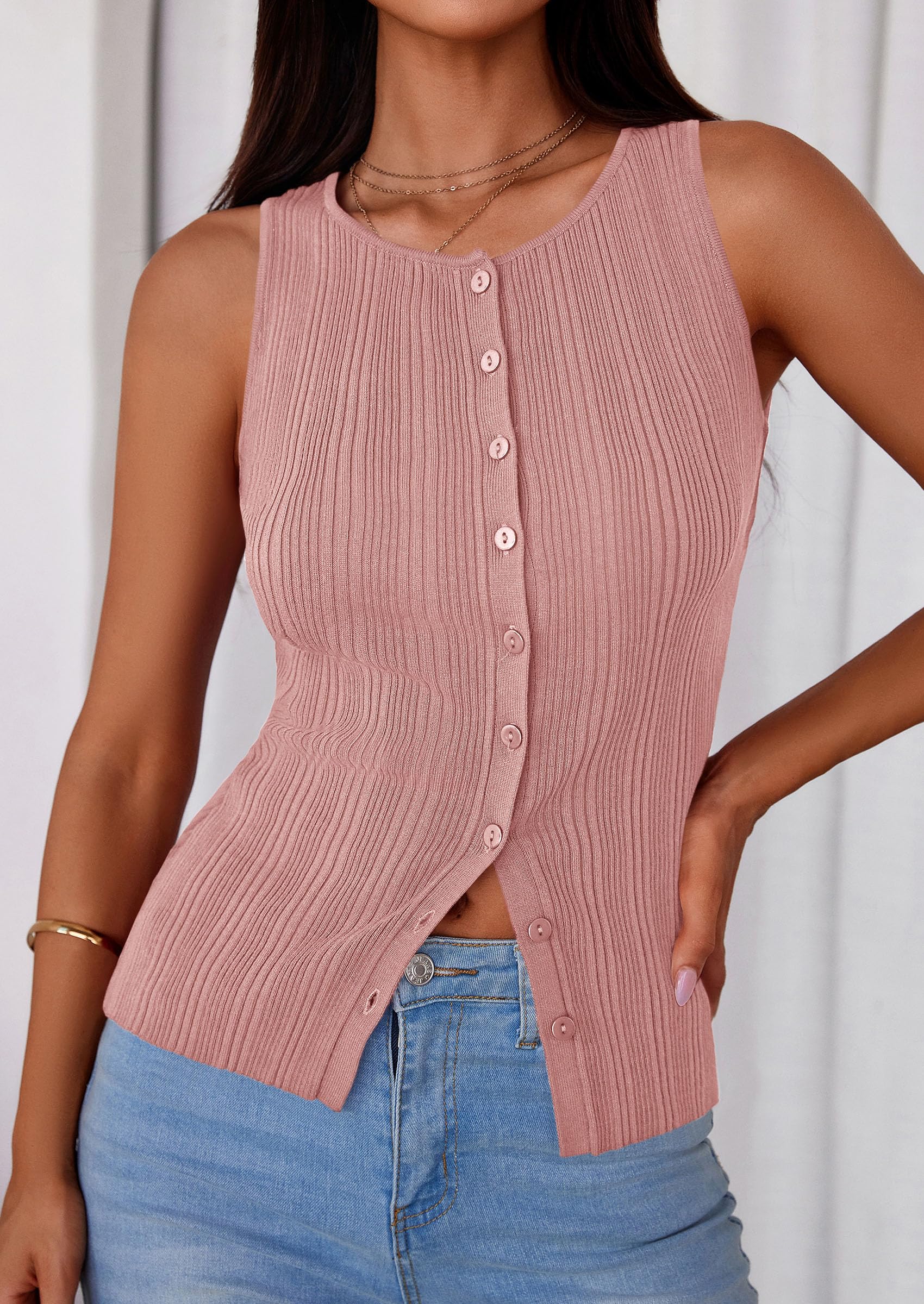 Sleeveless Button Down Shirts for Women Summer 2026 Going Out Ribbed Knit Tank Tops Y2K Clothes Trendy Vest Tops Pink
