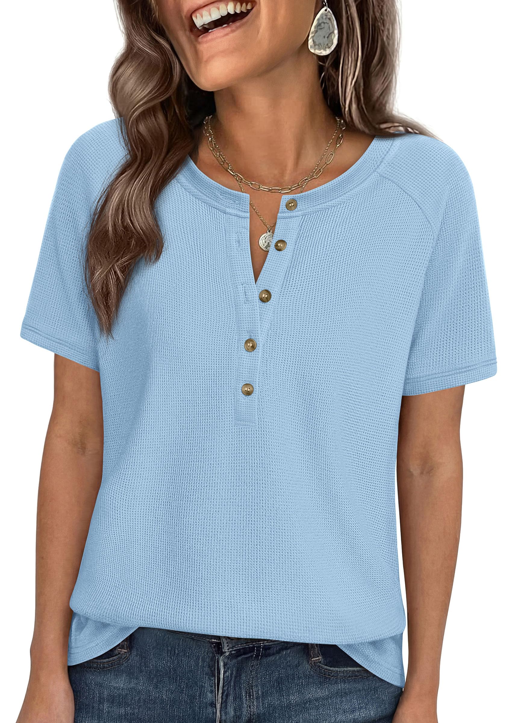 Women's Short Sleeve Waffle Knit Henley Shirts, Light Blue,S
