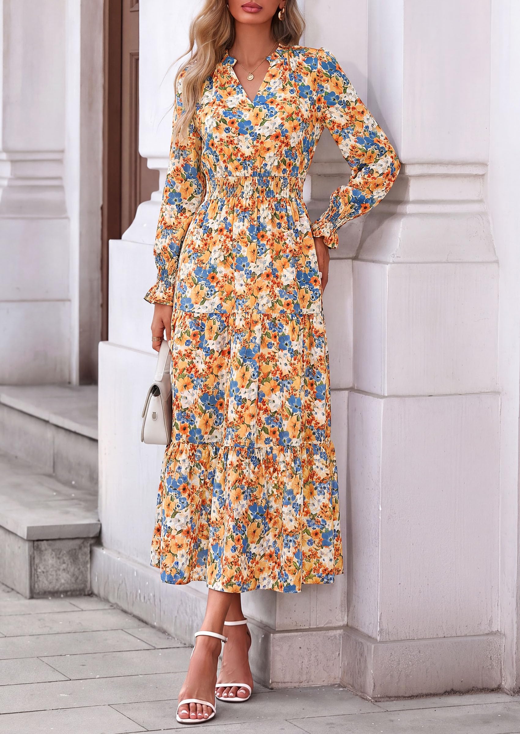 Women's Floral Maxi Dress Fall A Line Wedding Guest Dresses