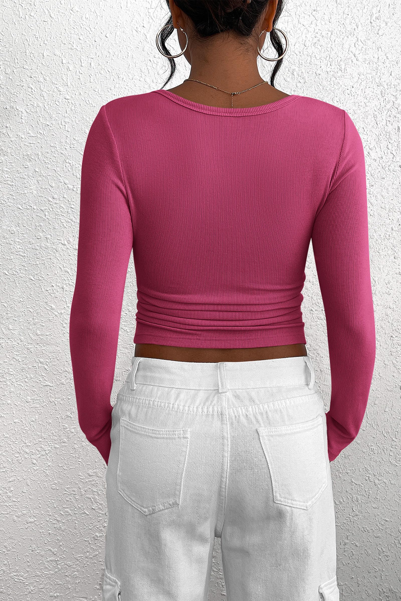 Women's Fall Long Sleeve Henley T Shirts Rose Red