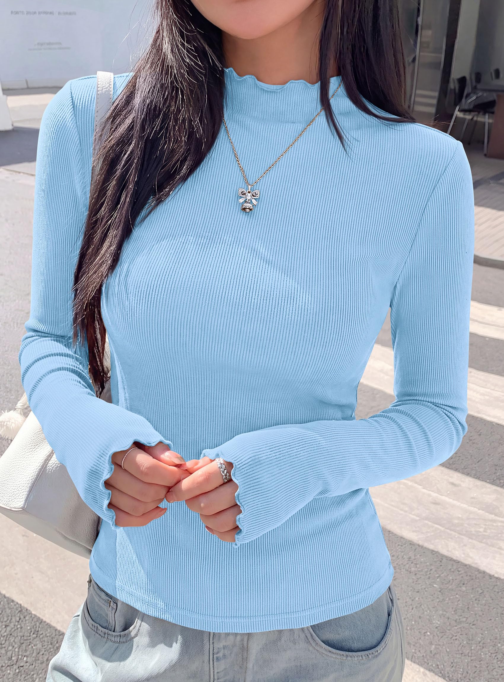 Women's Long Sleeve T Shirts Lettuce Trim Mock Neck Tops
