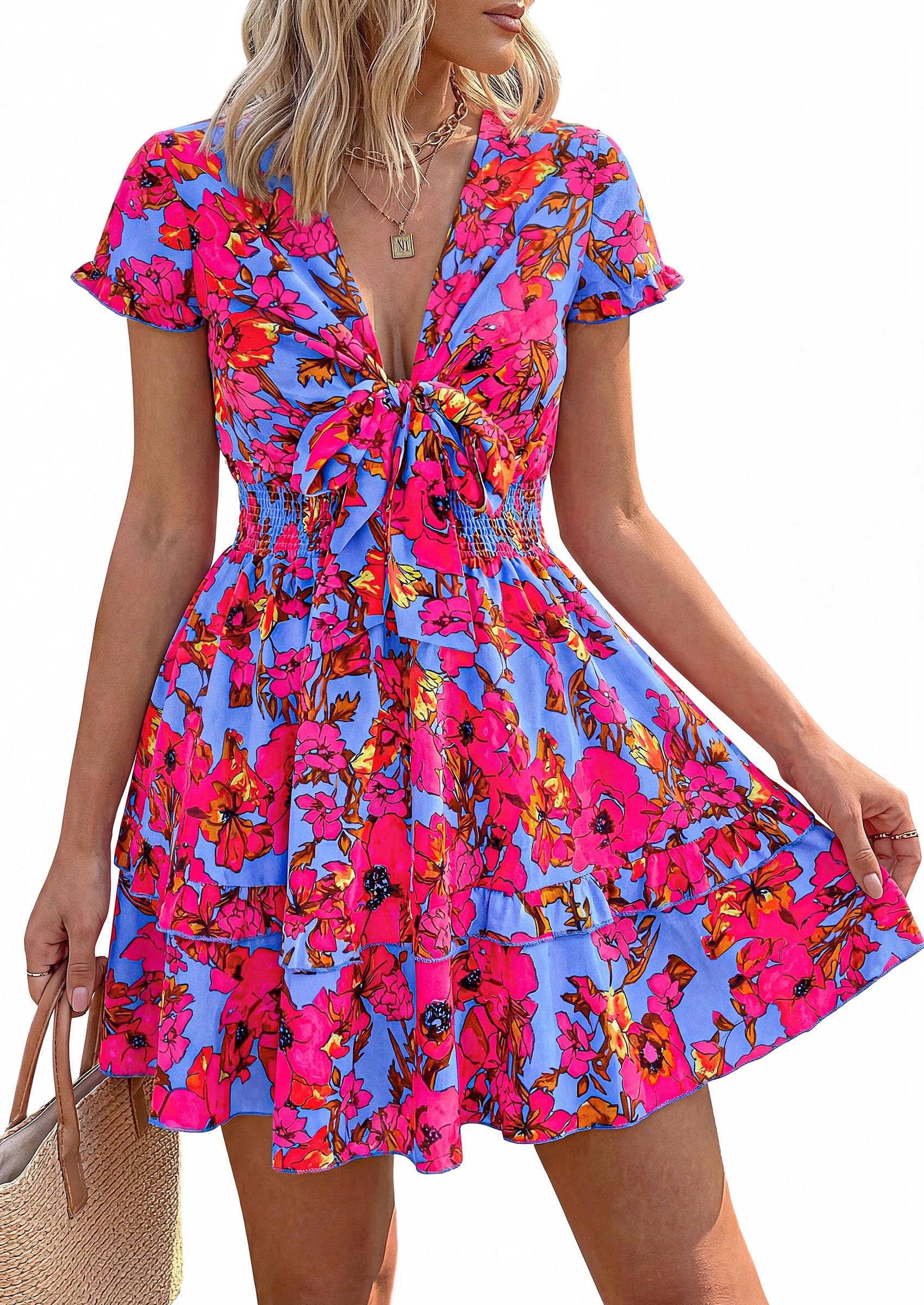 Women's Boho Floral Mini Tiered Bow Dress, Floral Rose Red,S