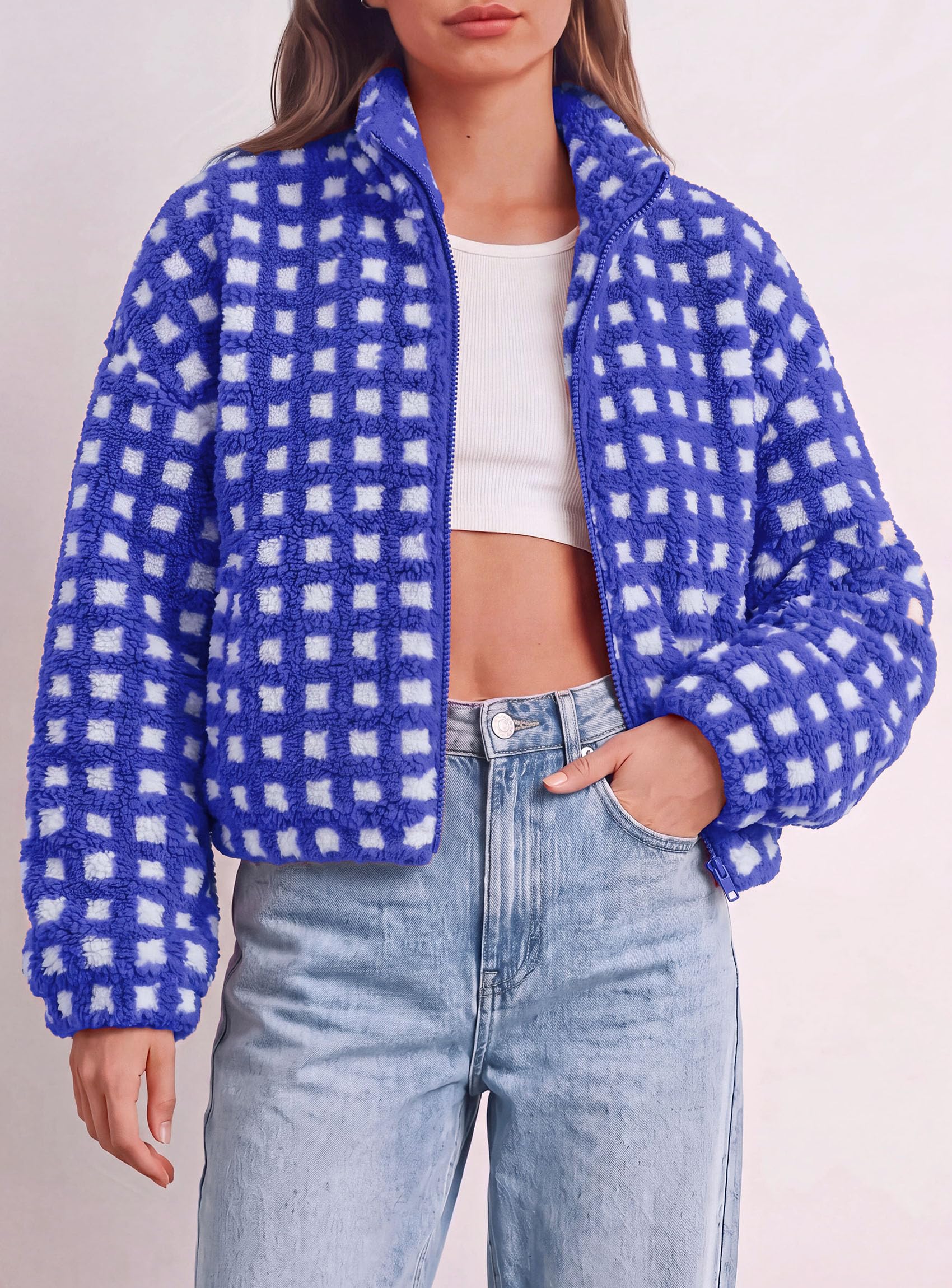 Women's Gingham Sherpa Fleece Jacket Plaid Cropped Teddy Coat