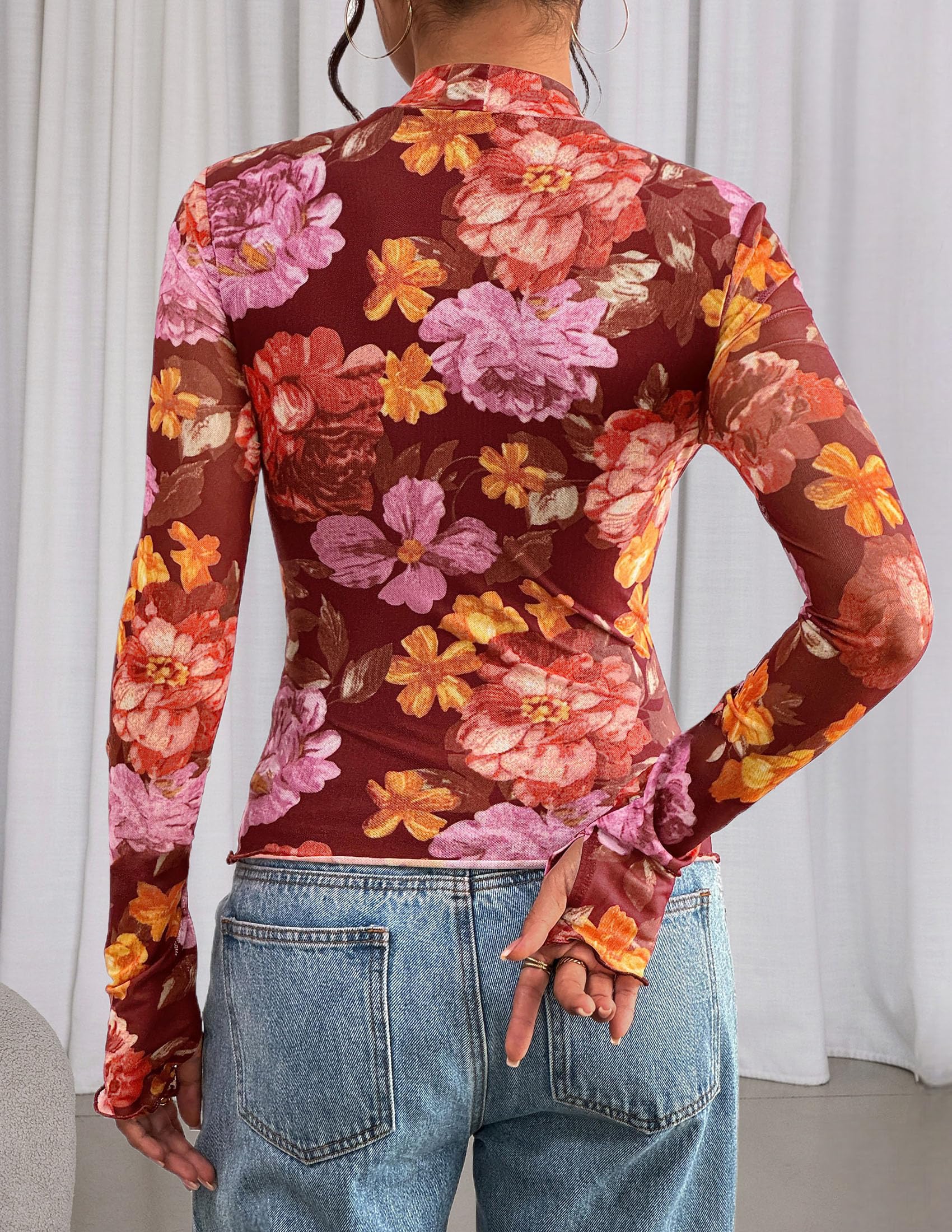 Womens Floral Mesh Long Sleeve Tops Fall Slim Fitted Shirts