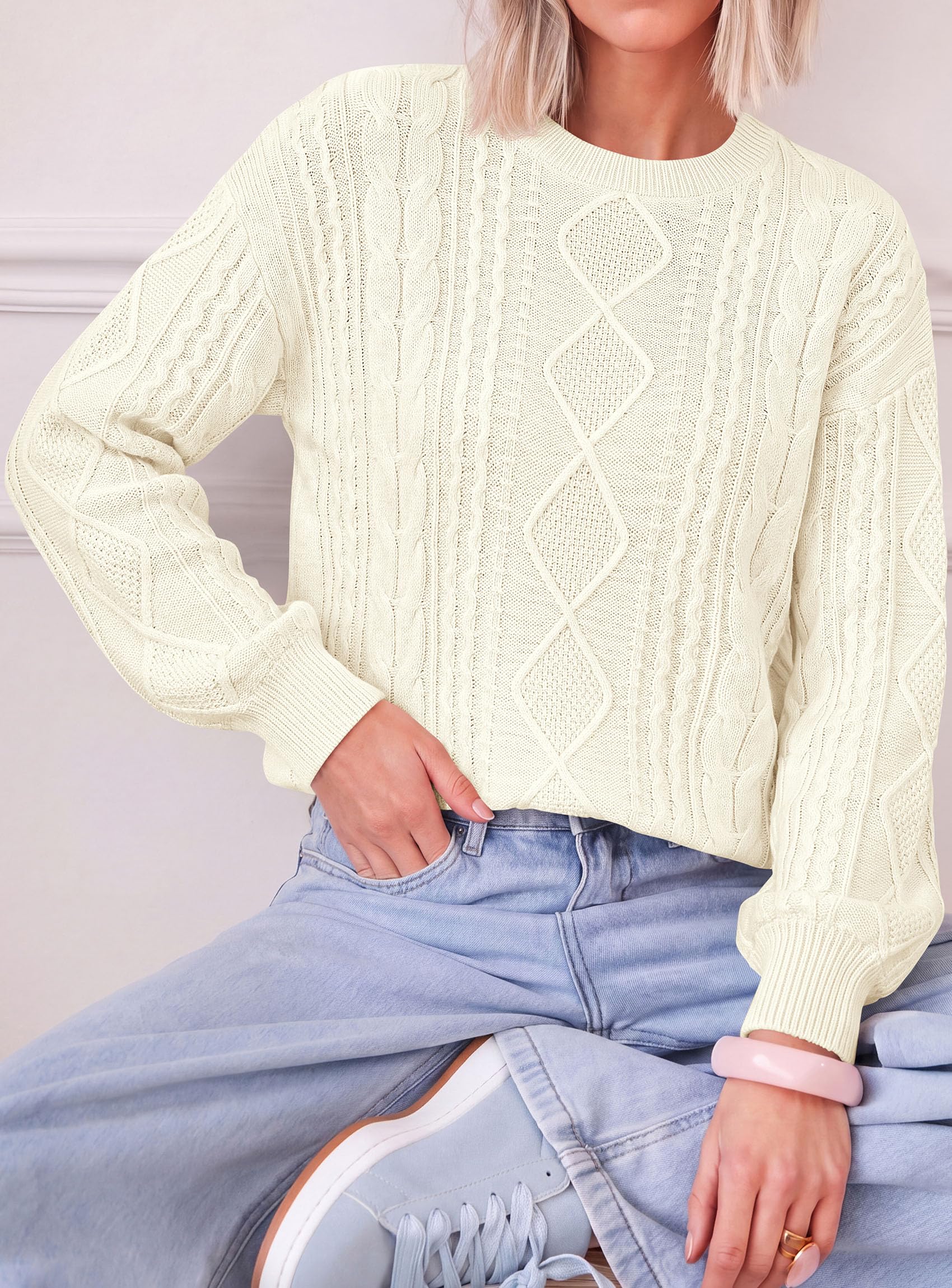 Women's Crewneck Cable Knit Sweater Pullover Tops Beige