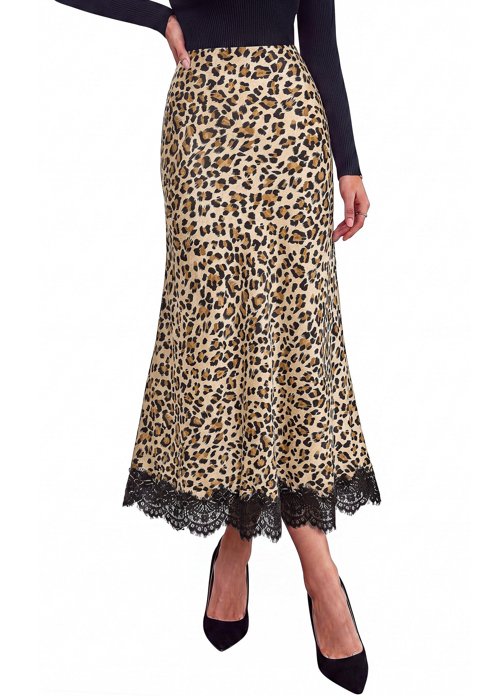 Women's Polka Dot Satin Skirt Fall Flowy Midi Leopard Skirts