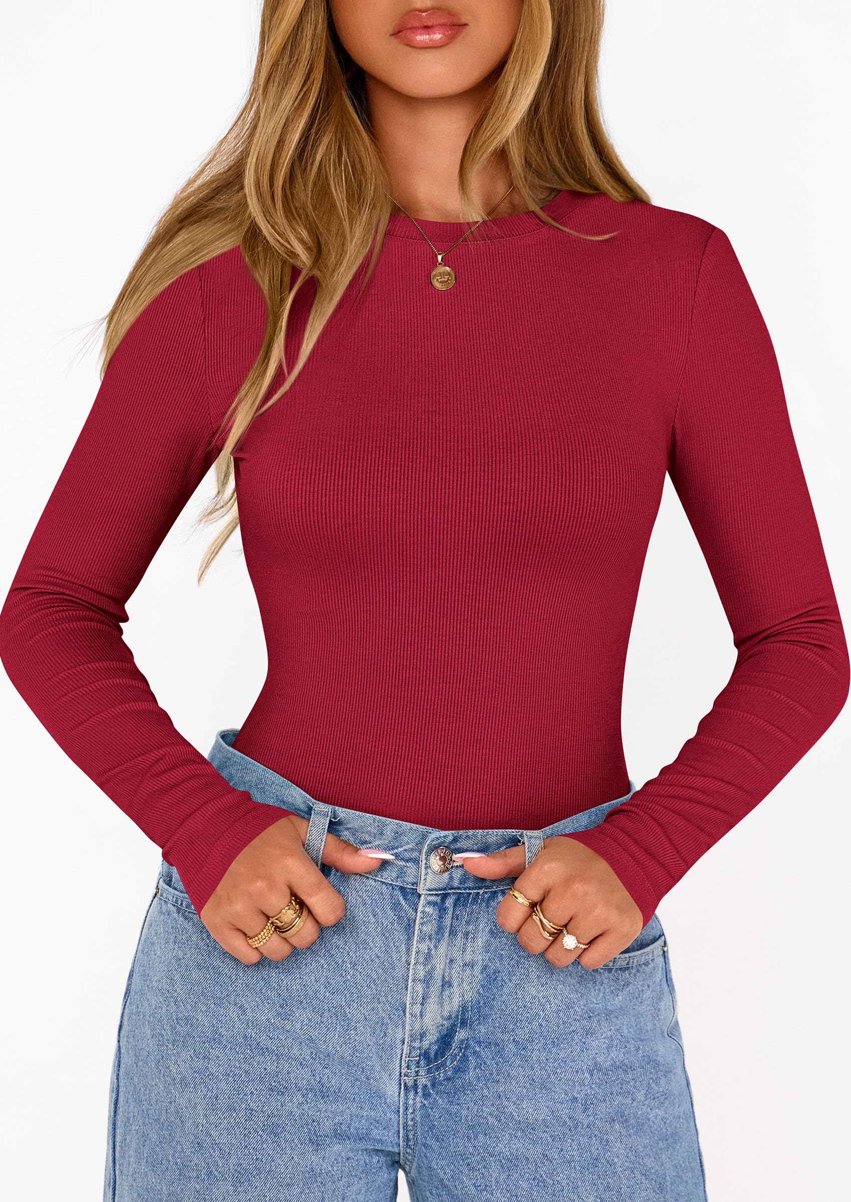 Bodysuits for Women Fall Ribbed Knit Long Sleeve T Shirts