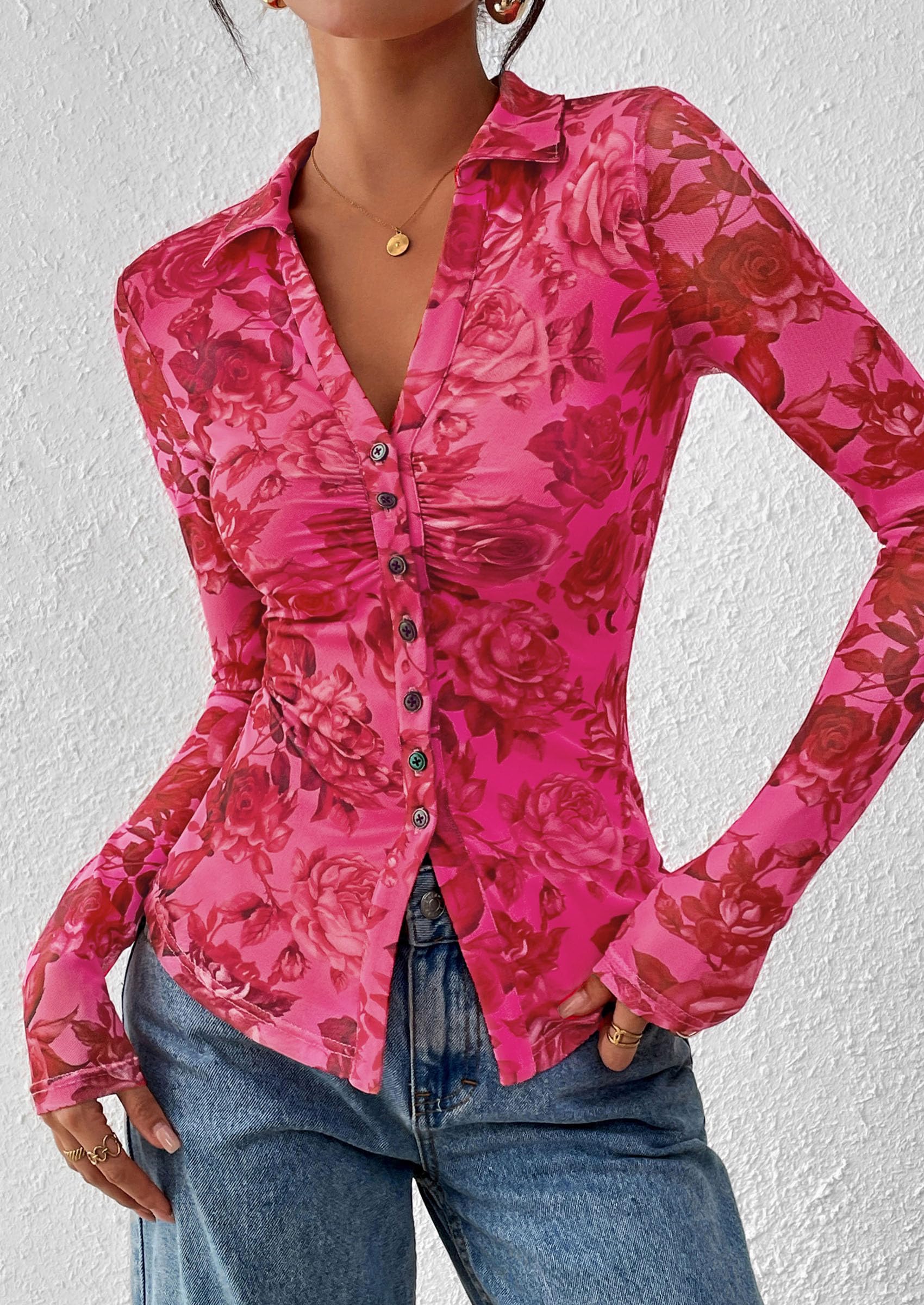 Women's Button Down Shirts Boho Mesh Floral Going Out Tops
