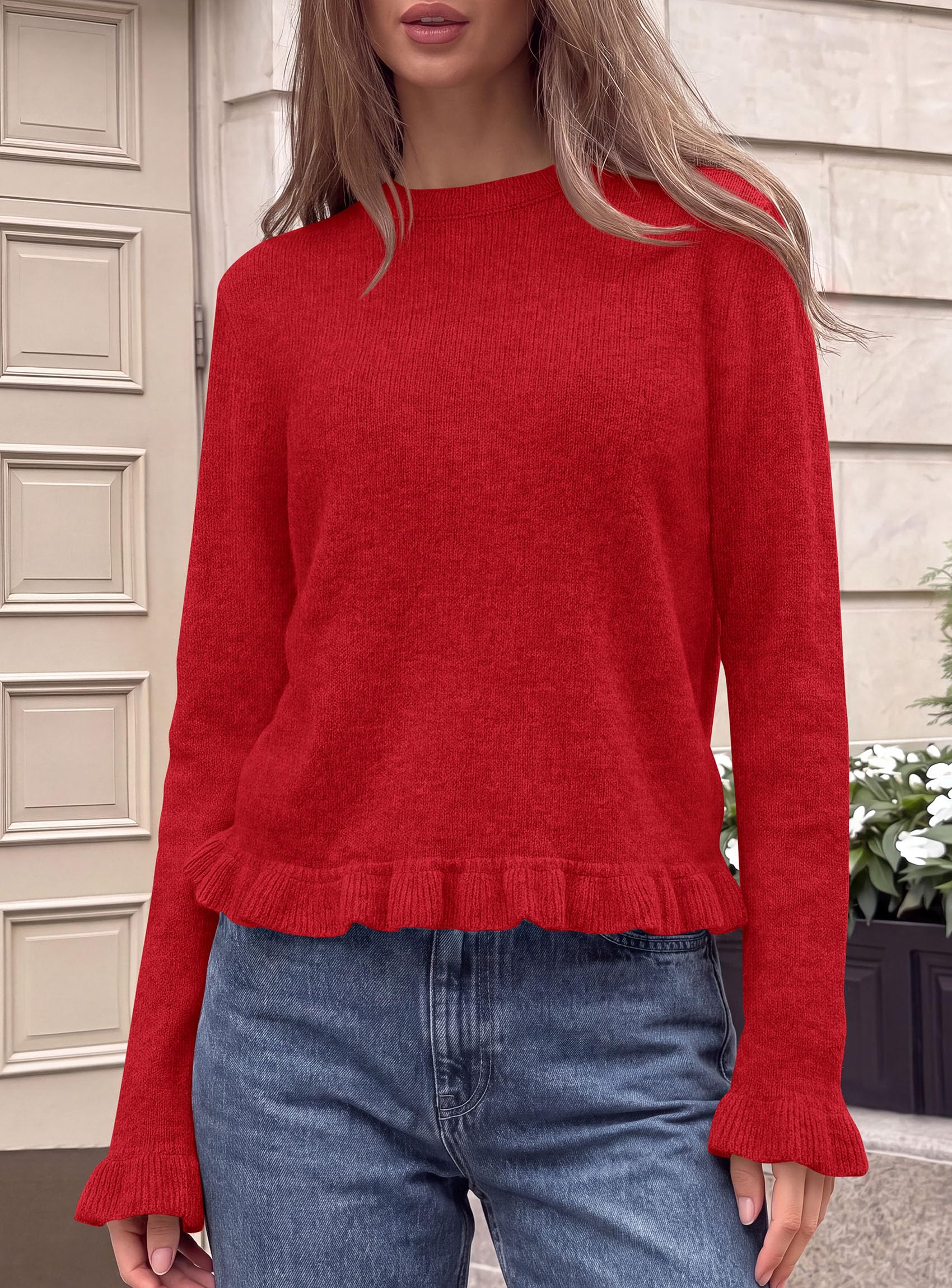 Women's Ruffle Sweaters Fall Fashion Cozy Knit Pullover Red