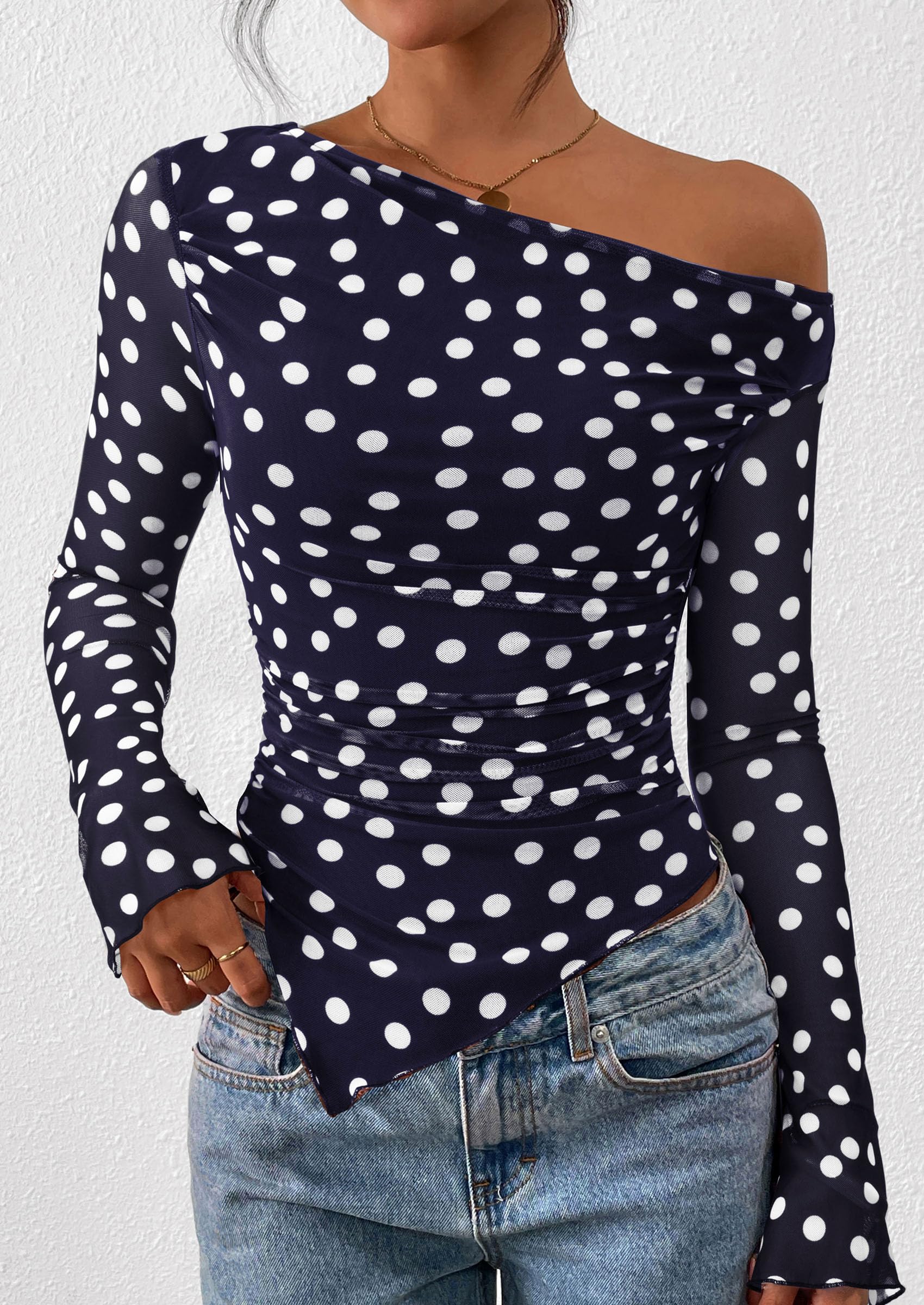 Womens Off Shoulder Mesh Y2k Tops,Dot Navy Blue White,XS