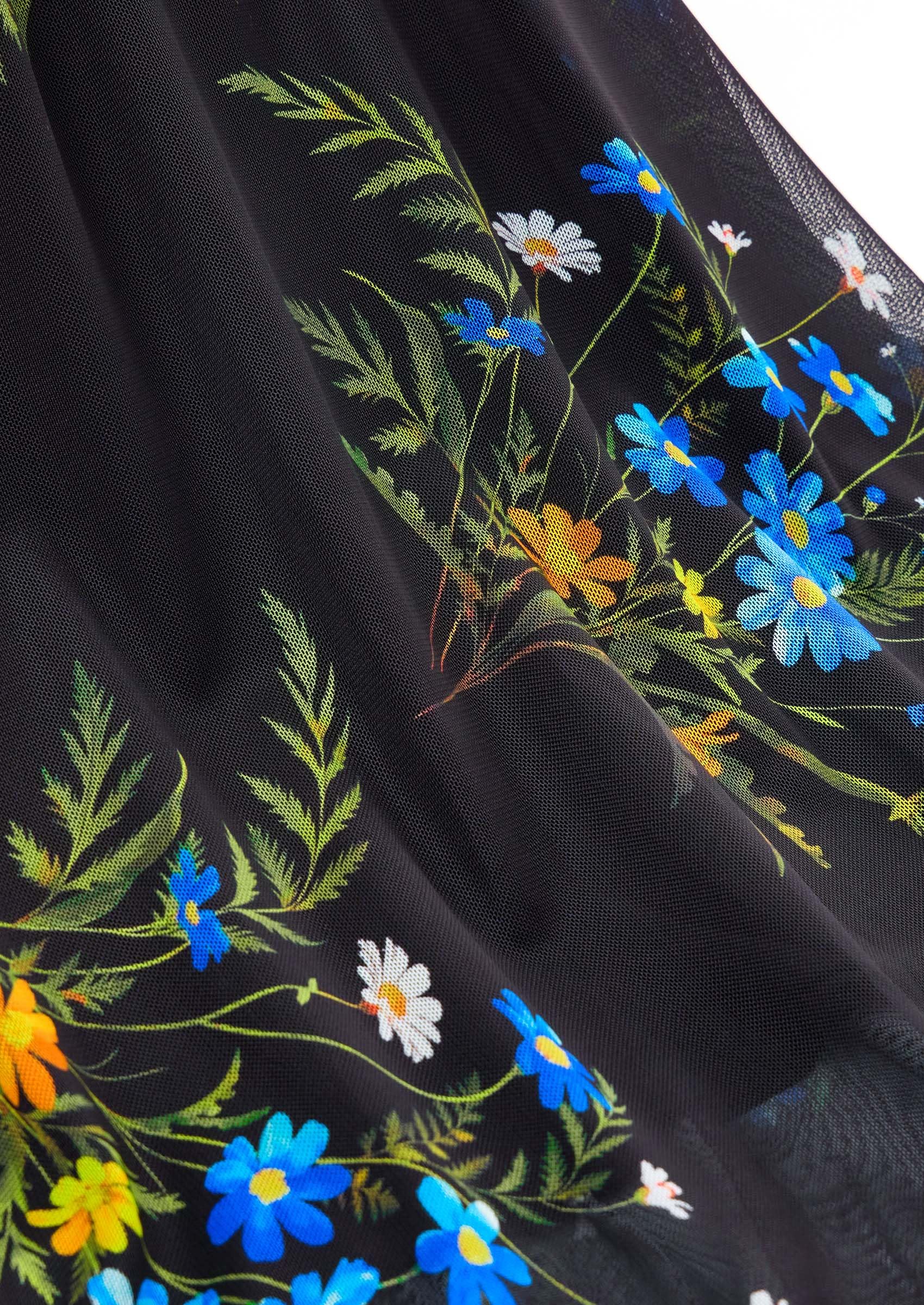 Women's Floral Mesh Midi Dress,Floral Black Blue Yellow,S