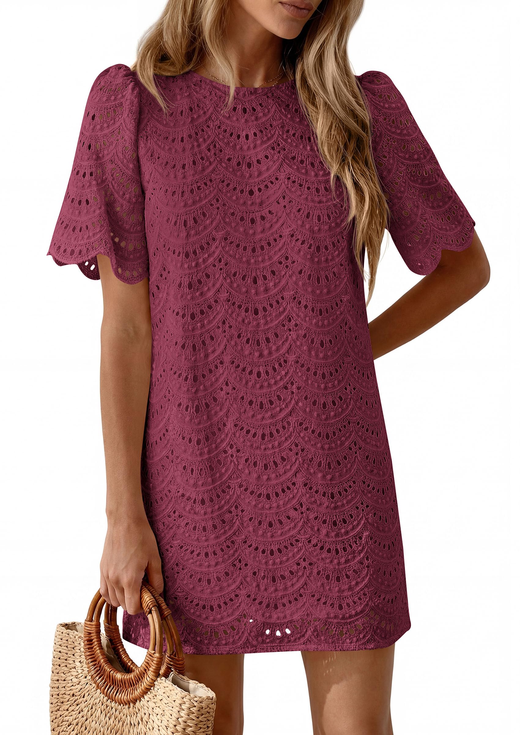 Women's Summer Eyelet Lace Short Dress (Burgundy,S)