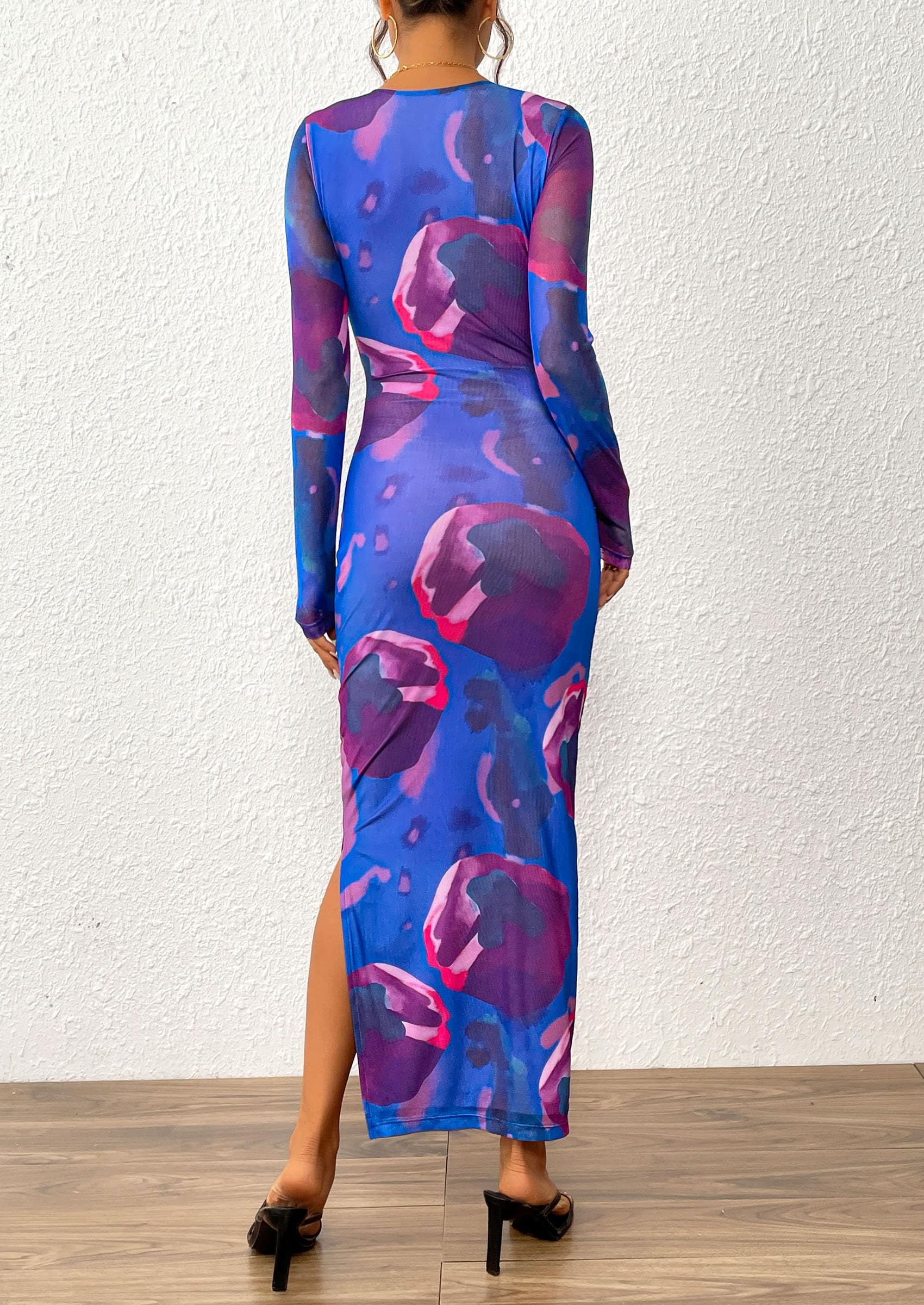 Women's Floral Bodycon Maxi Fall Dress Purple Blue