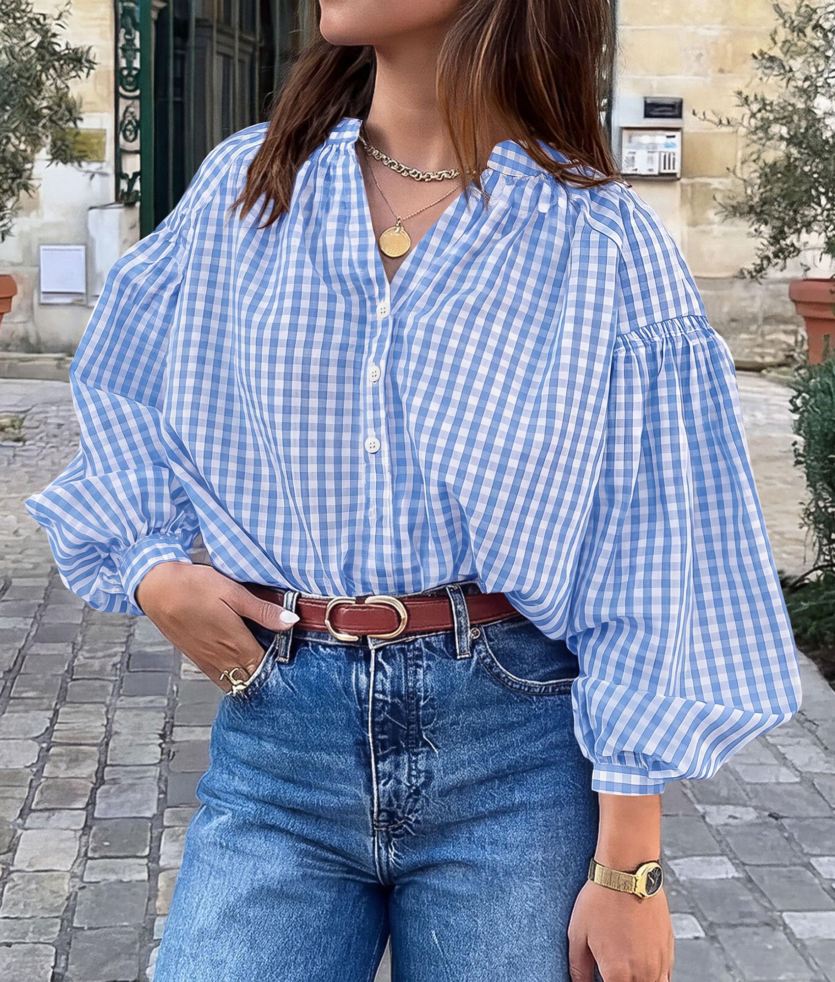 Women Fall Plaid Long Puff Sleeve Shirts V Neck Casual Blouses