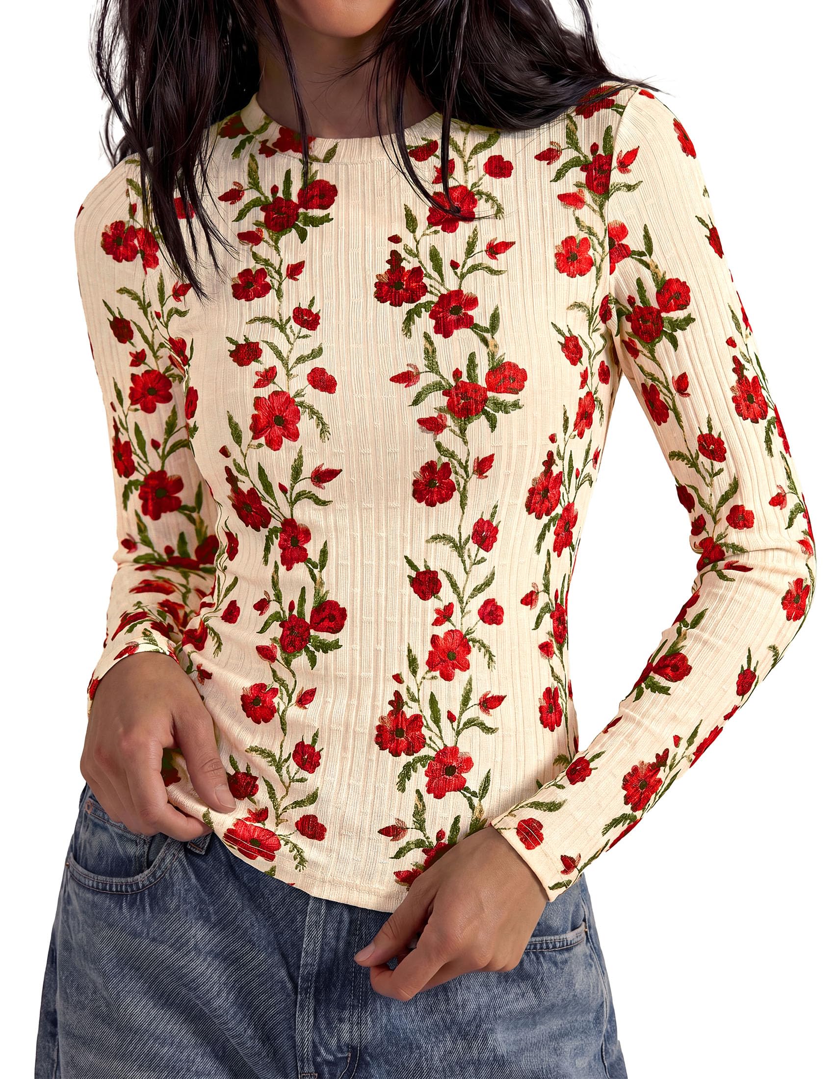 Womens Long Sleeve Shirts Floral Y2K Tops,Beige,M