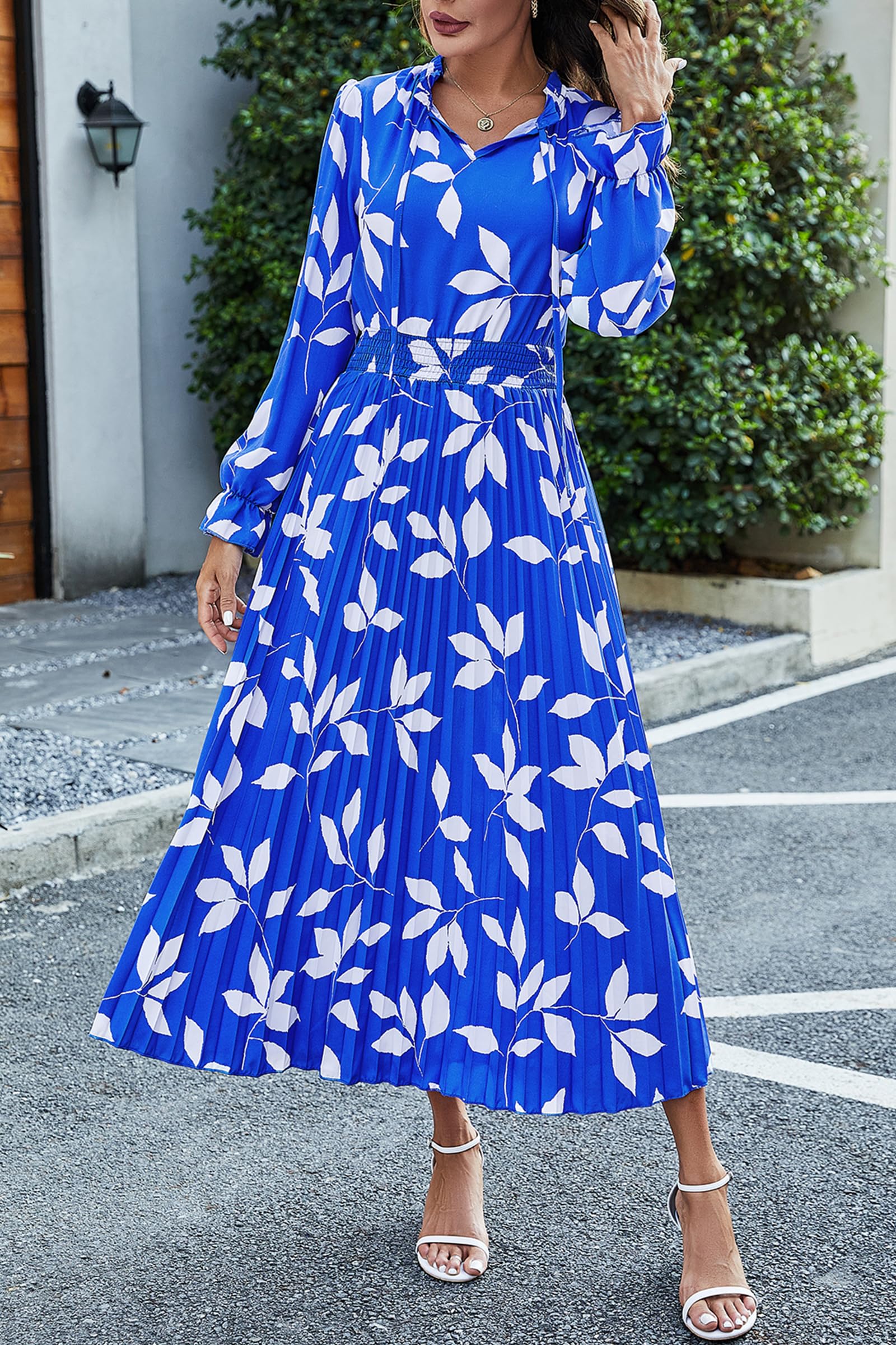 Women's Fall Midi Wedding Guest Dress(Blue Leaves,Medium)