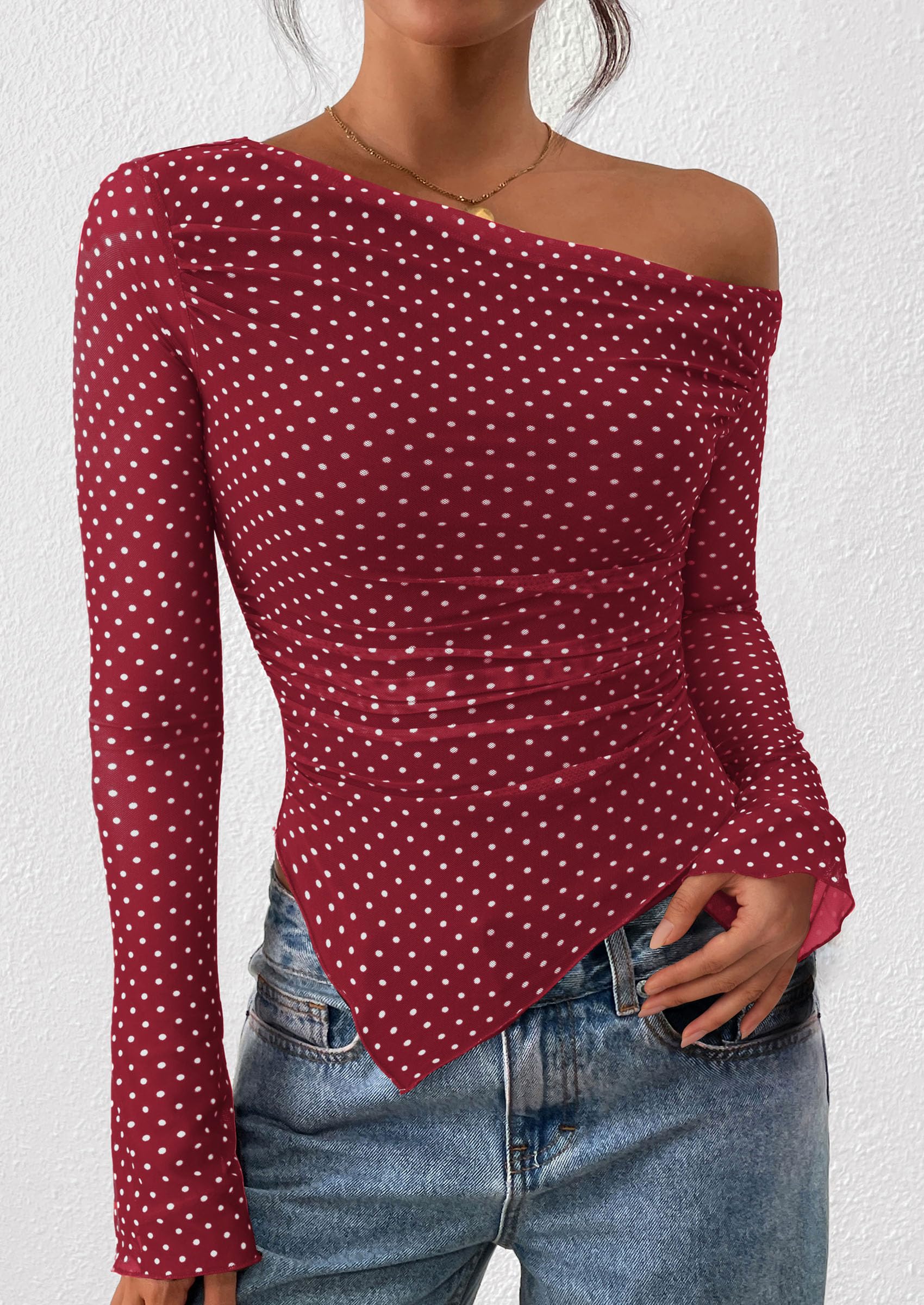 Womens Off Shoulder Mesh Y2k Tops,Small Dot Red White,XS