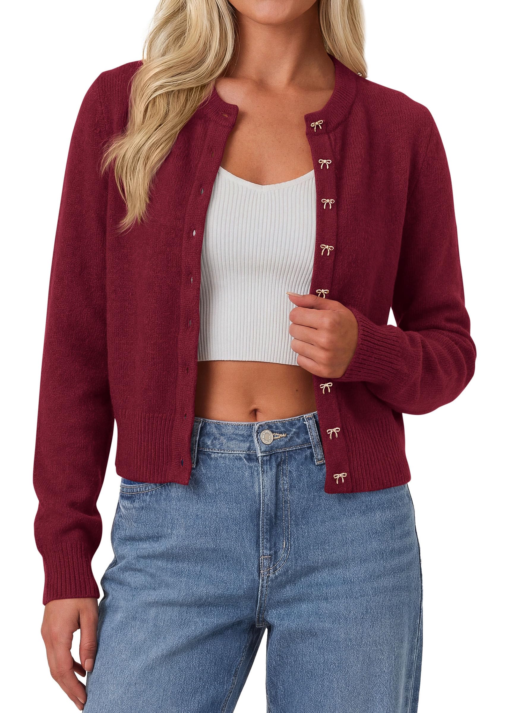 Cardigan Sweaters for Women Cropped Bow Button Up Cardigan