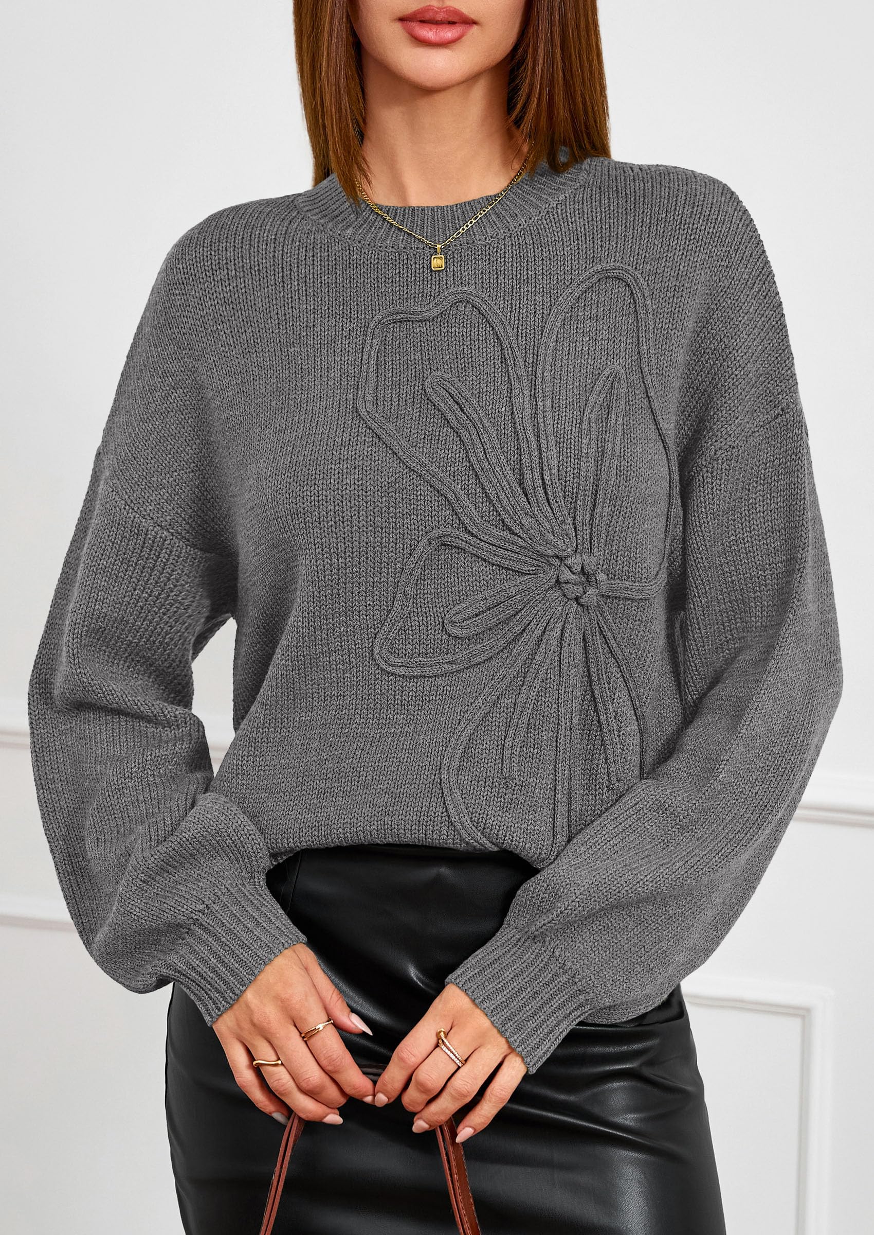 Women's Oversized 3D Floral Knit Sweater,Dark Grey,S