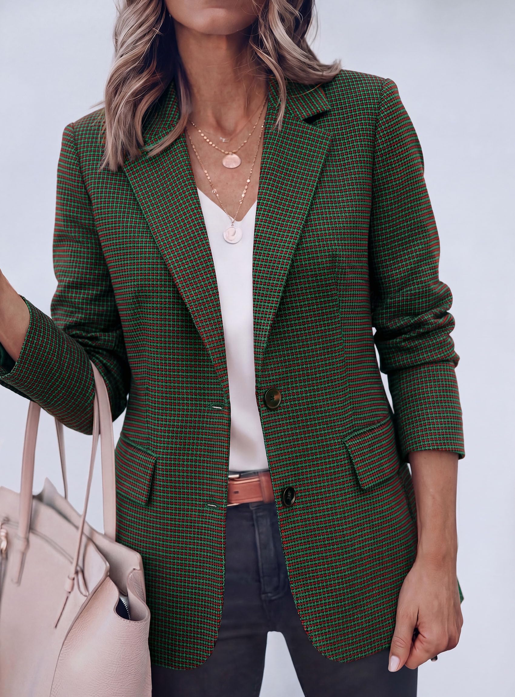 Fall Plaid Blazers for Women Business Casual Green S