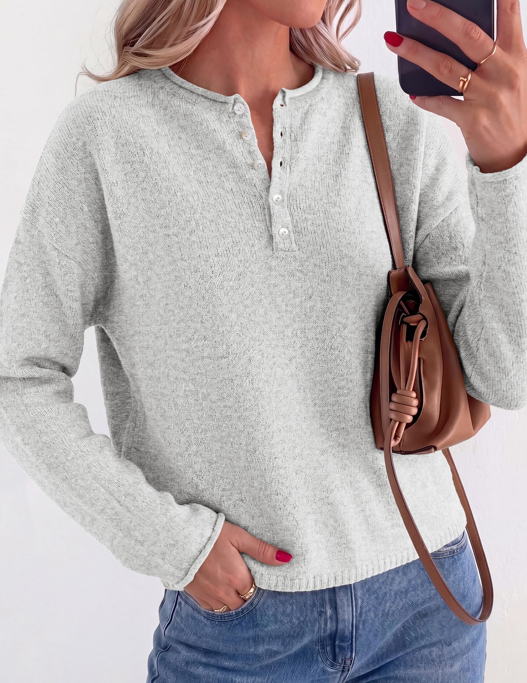 Women's Henley Cozy Sweaters Button Up Pullover Grey S