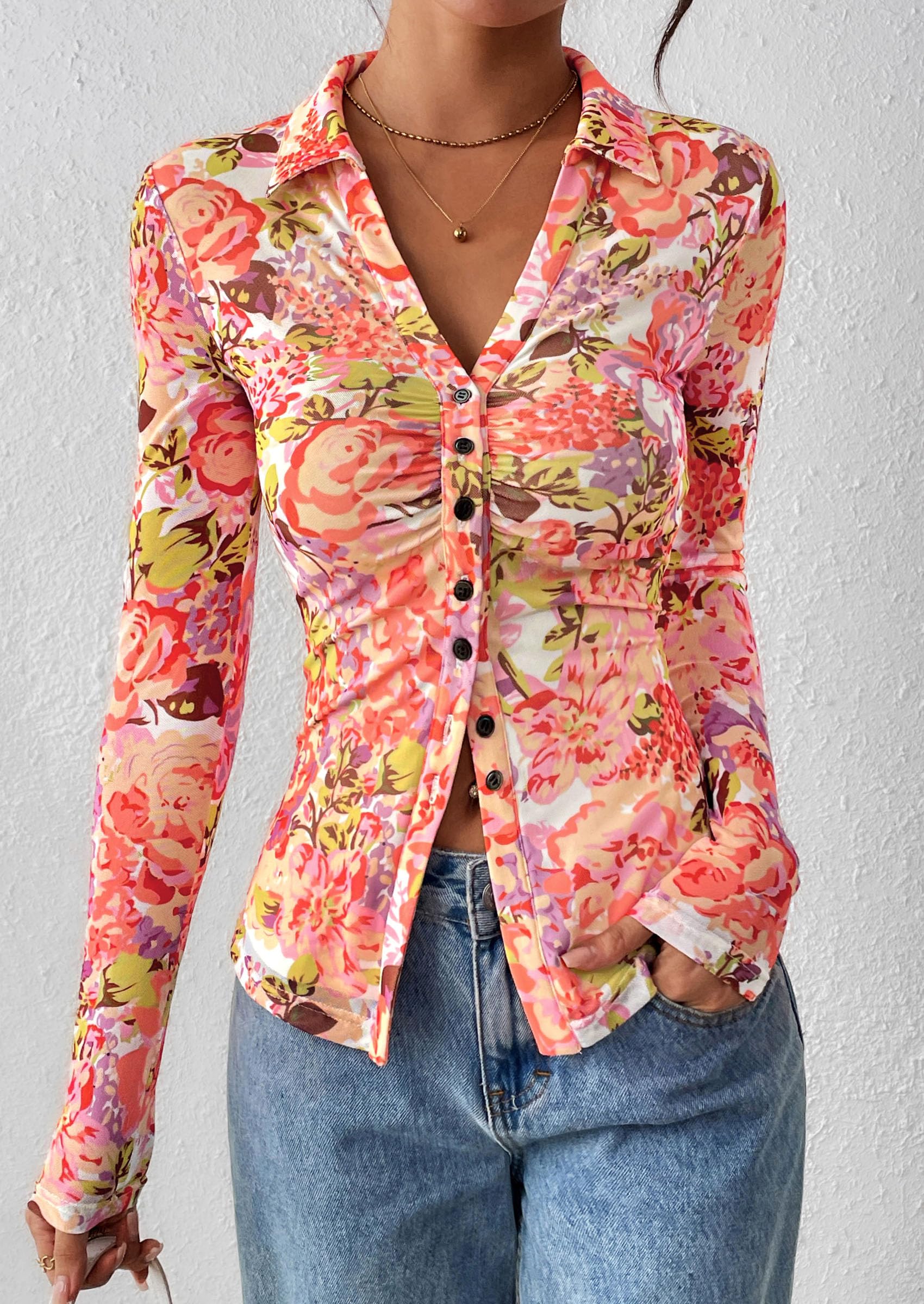 Women's Button Down Shirts Boho Mesh Floral Going Out Tops