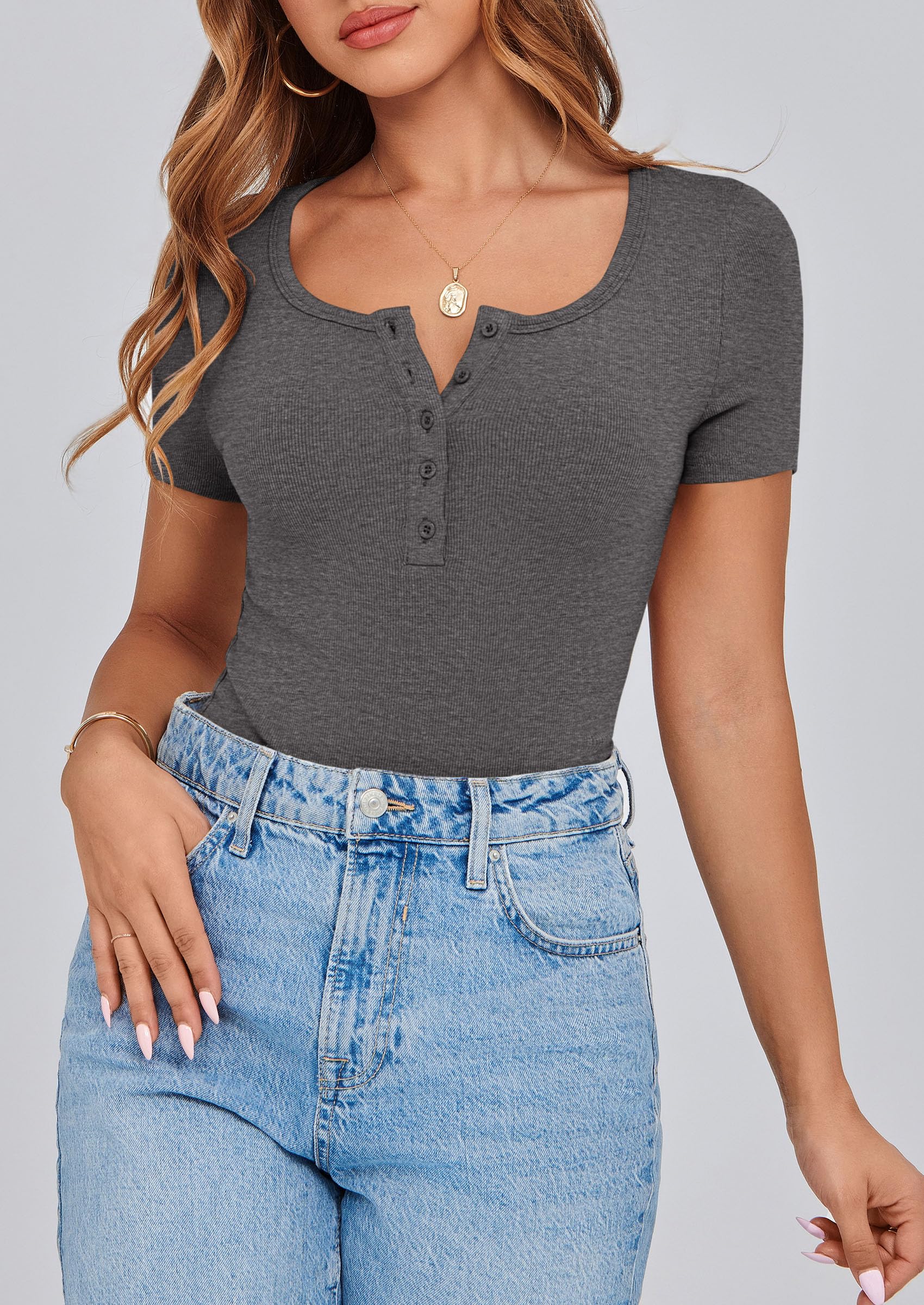 Women's Summer Tops Henley Tee Shirts (Charcoal,X-Small)