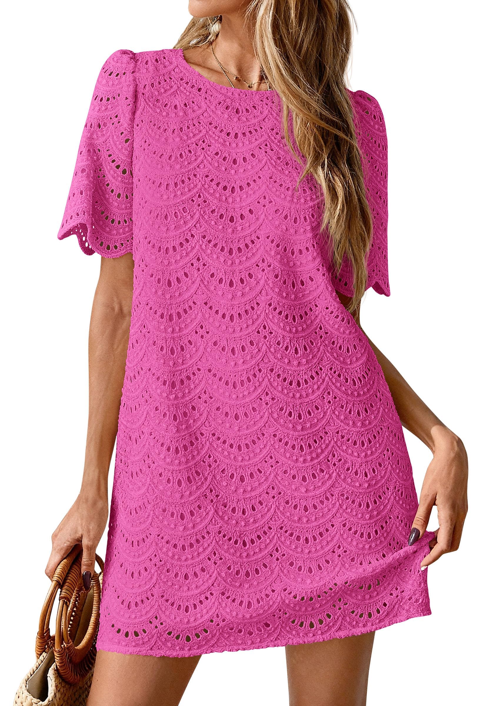 Women's Summer Eyelet Lace Short Dress (Rose Red,S)