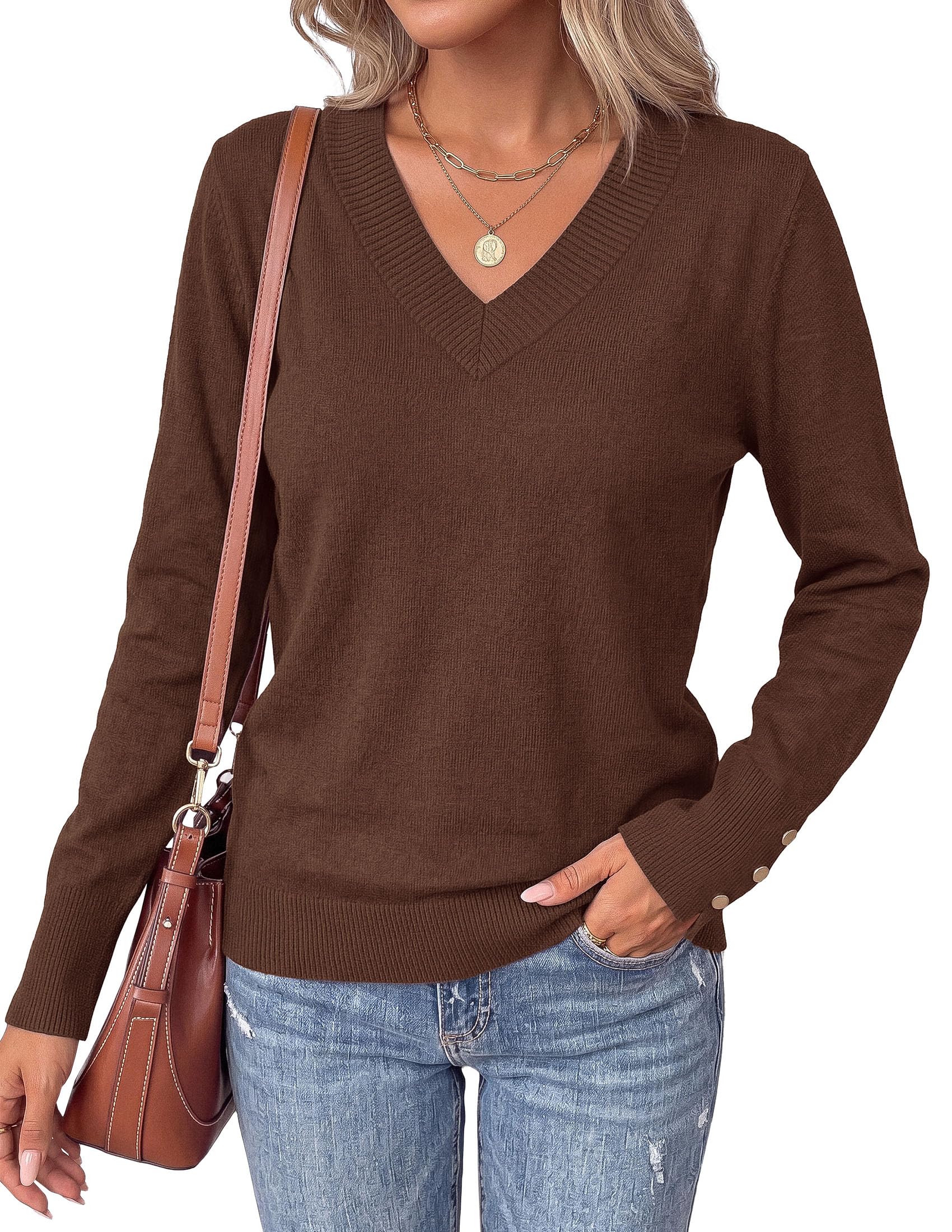 Fall Sweaters for Women V Neck Lightweight Pullover Top Coffee