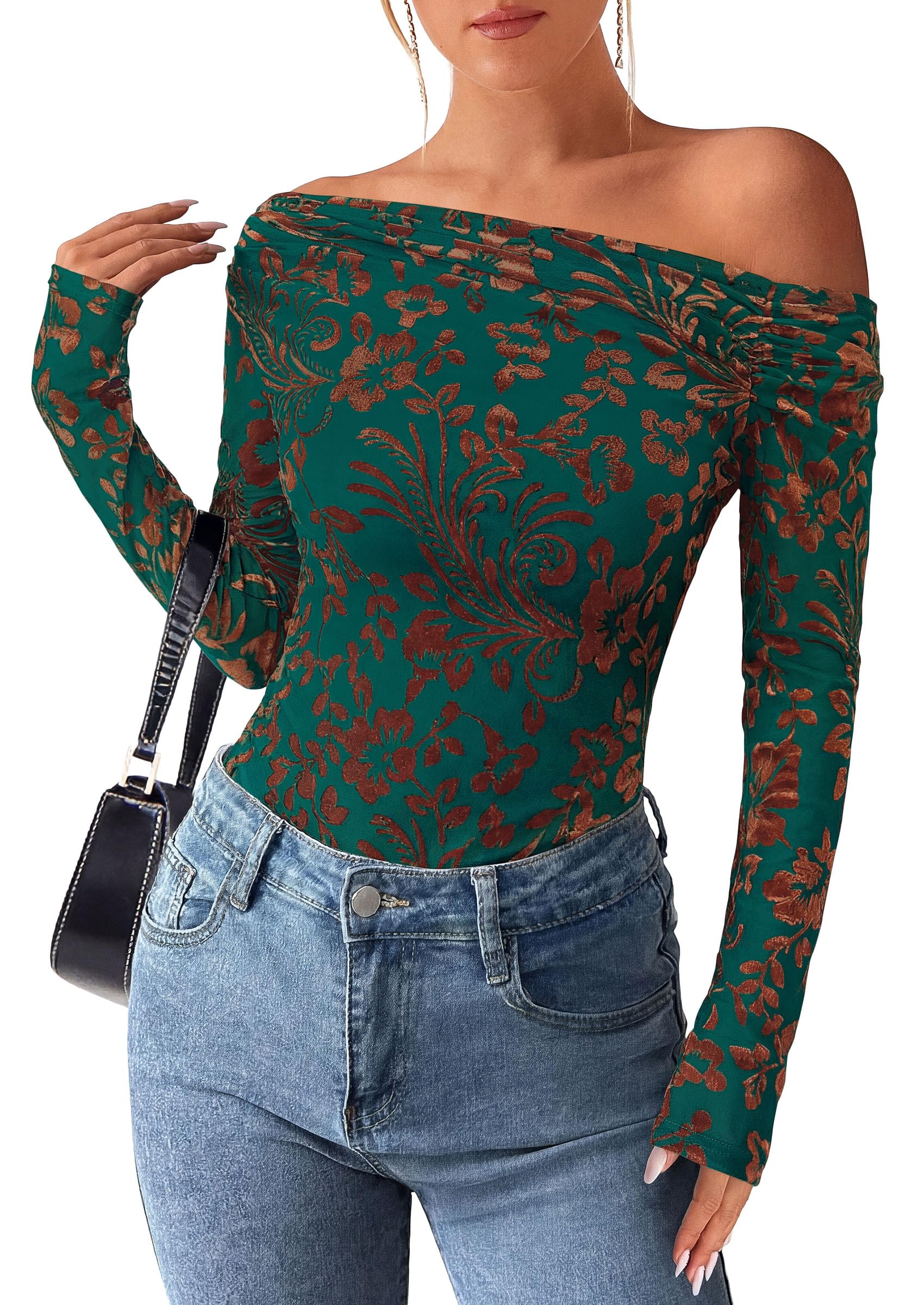Off the Shoulder Tops for Women Fall Mesh Floral Blouses