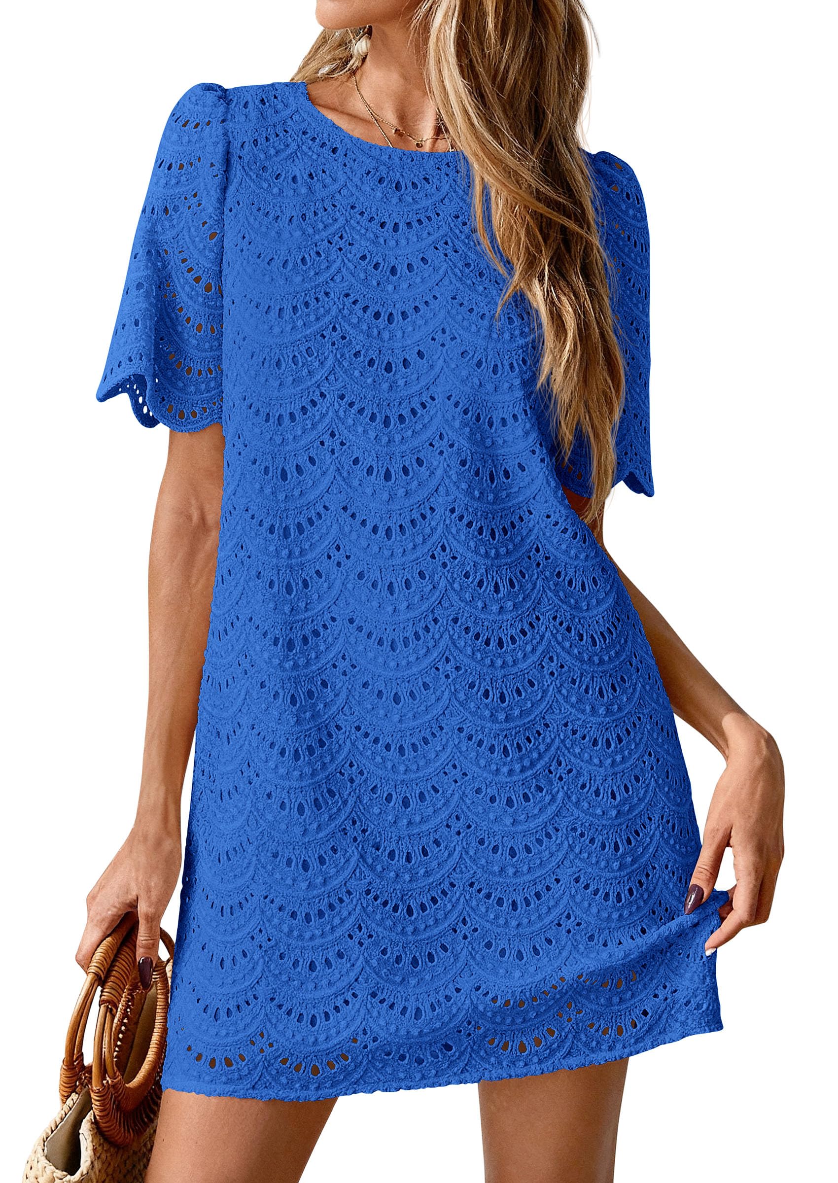 Women's Summer Eyelet Lace Short Dress (Royal Blue,S)