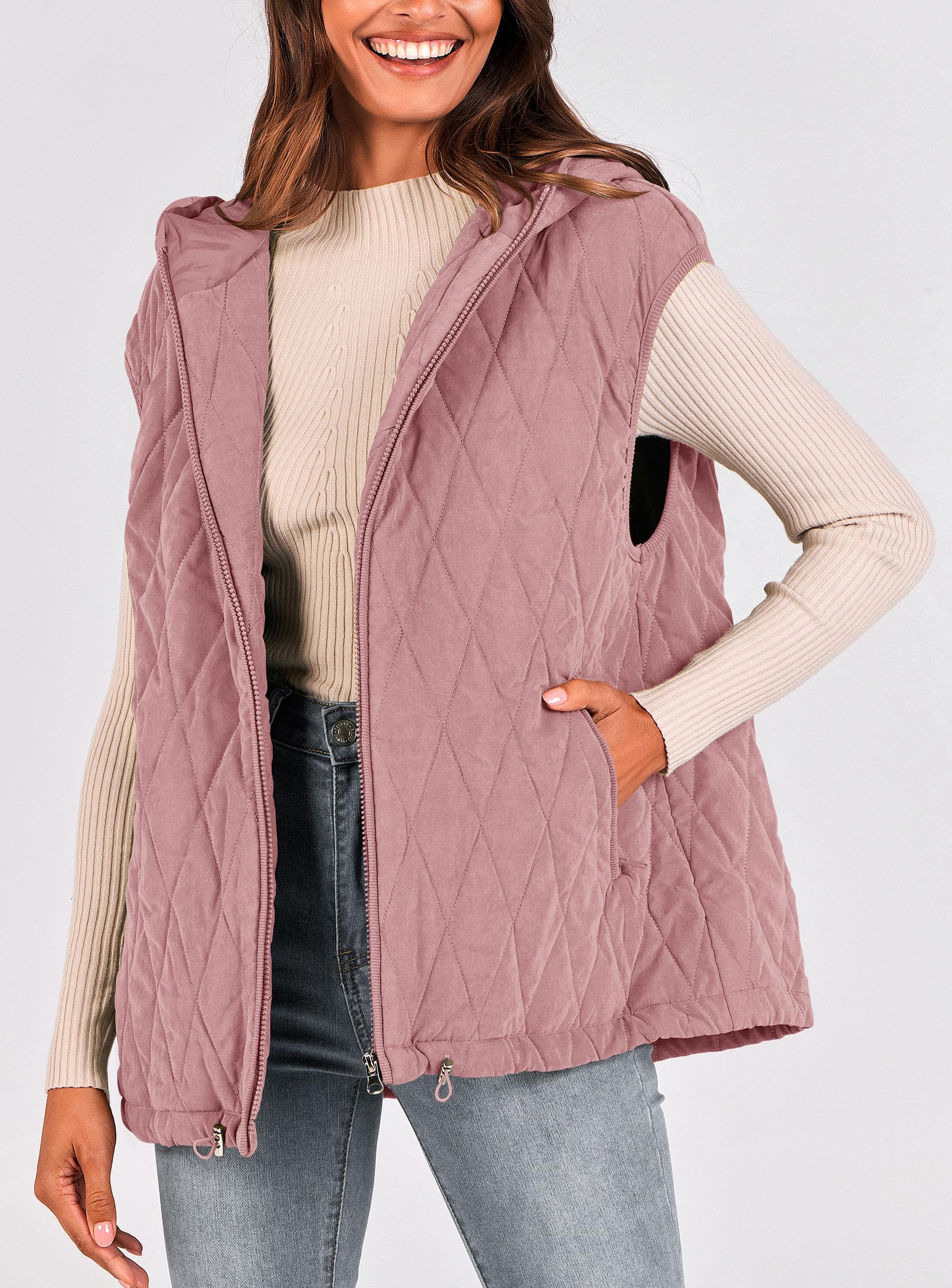 Women's Fall Fashion Vest Zip Up Jacket(Pink,Small)