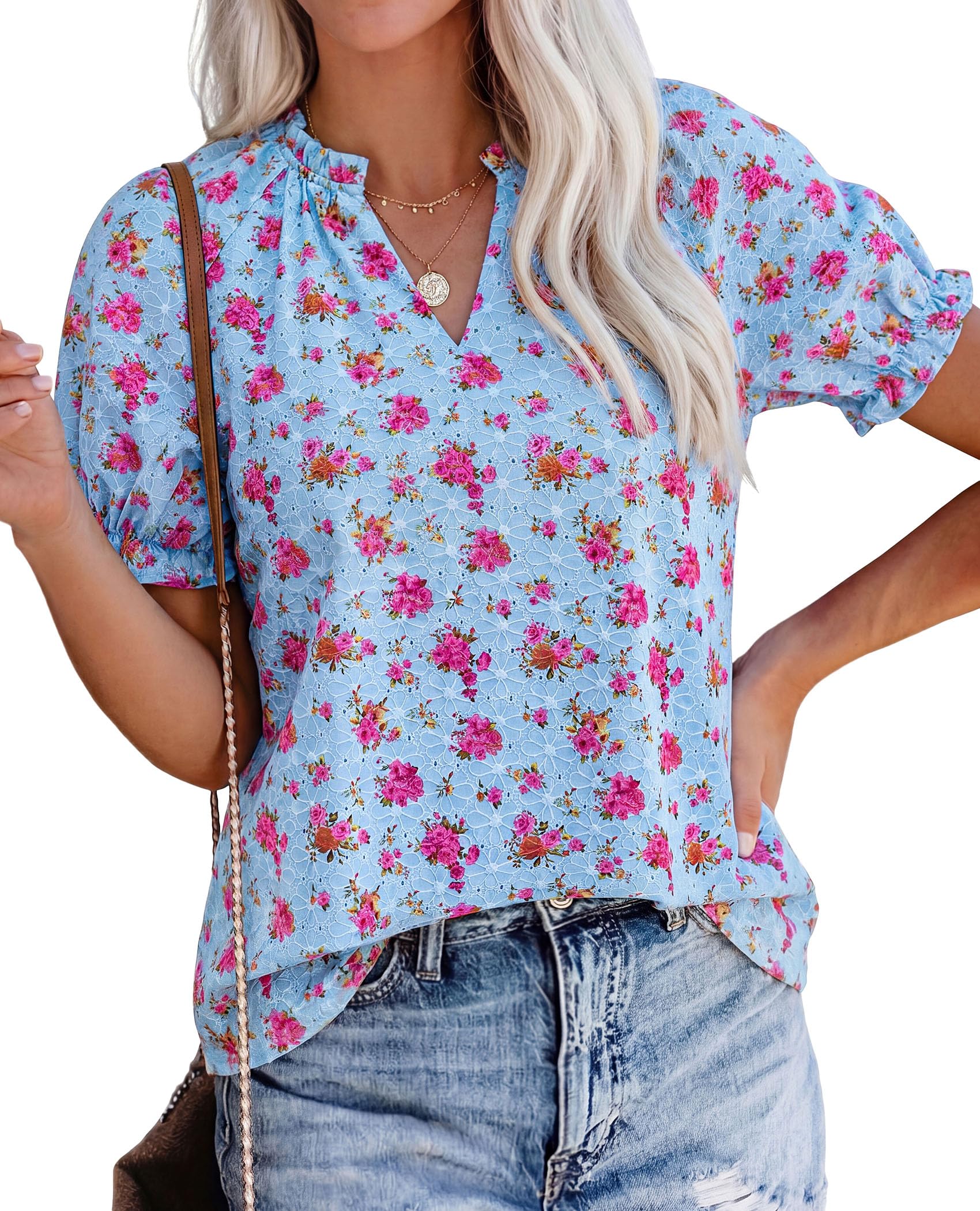 Womens Floral Short Sleeve Blouses,Floral Light Blue,S