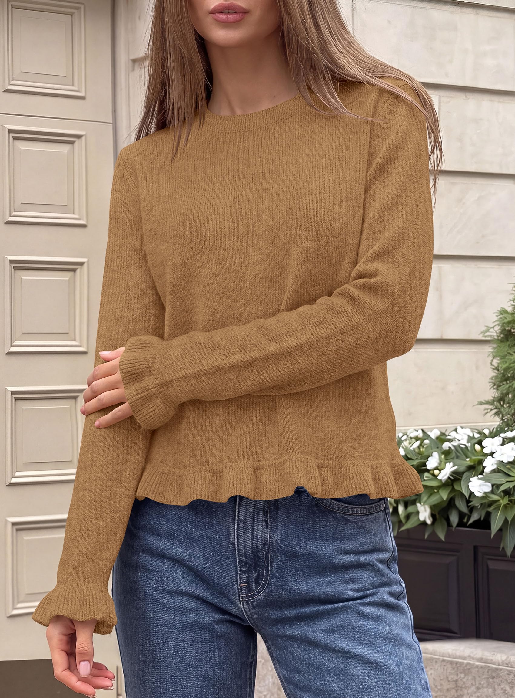 Women's Ruffle Sweaters Fall Fashion Cozy Knit Pullover Khaki