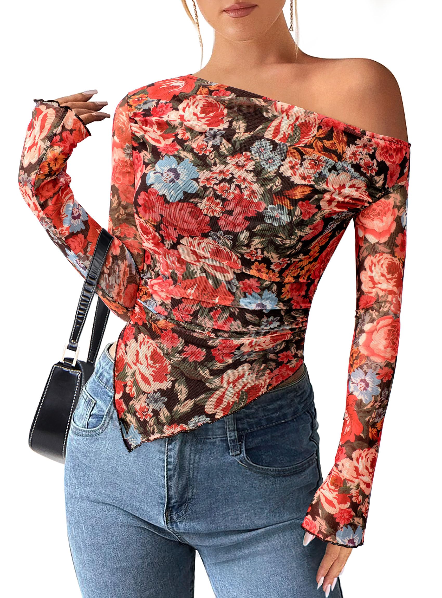 Womens Off Shoulder Mesh Y2k Tops,Floral Black,XS