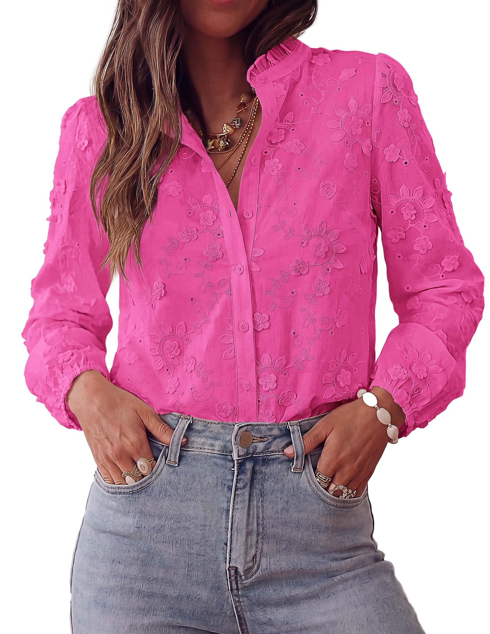 Women's Floral Embroidered Button Down Shirts Work Blouses