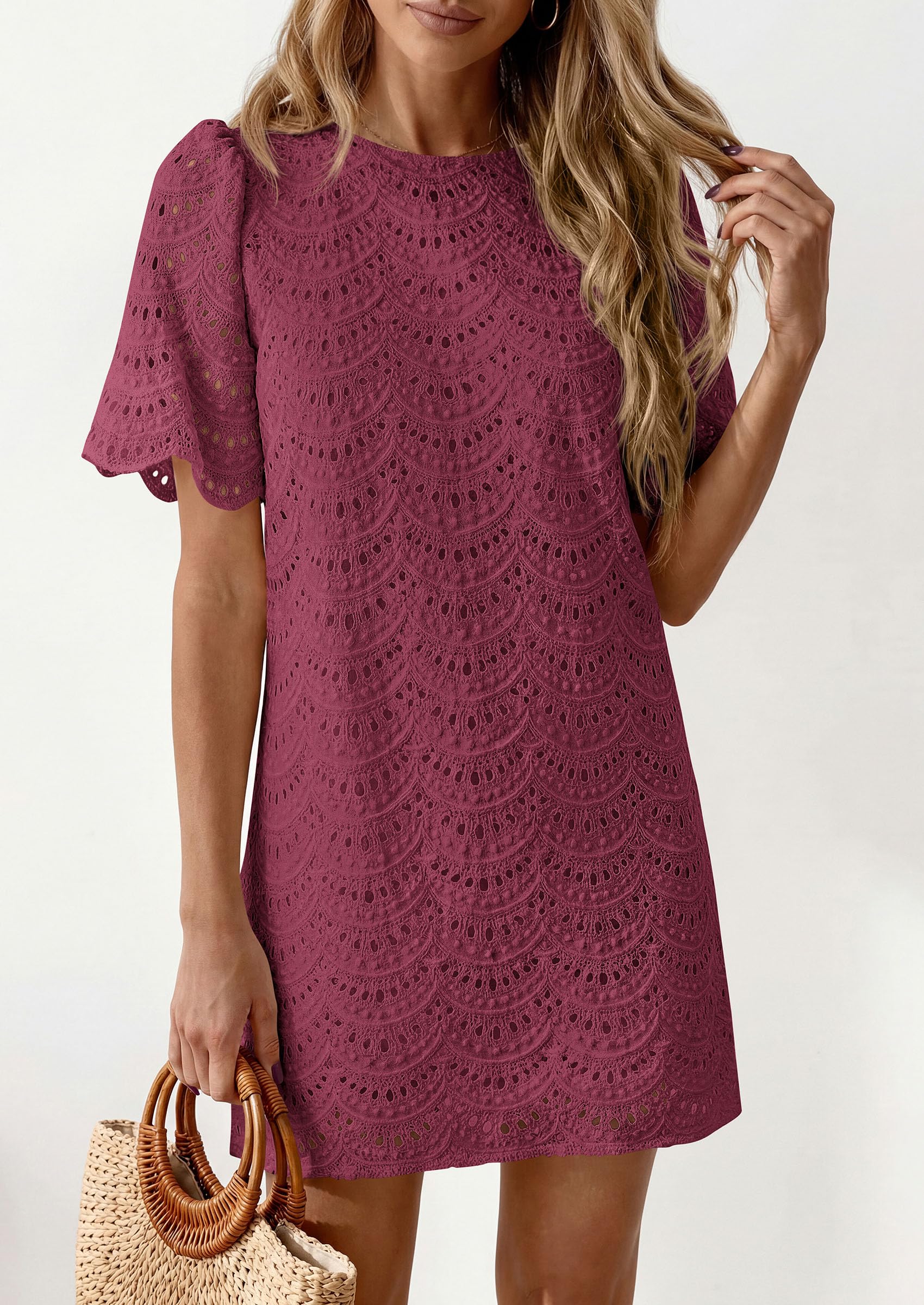 Women's Summer Eyelet Lace Short Dress (Burgundy,S)
