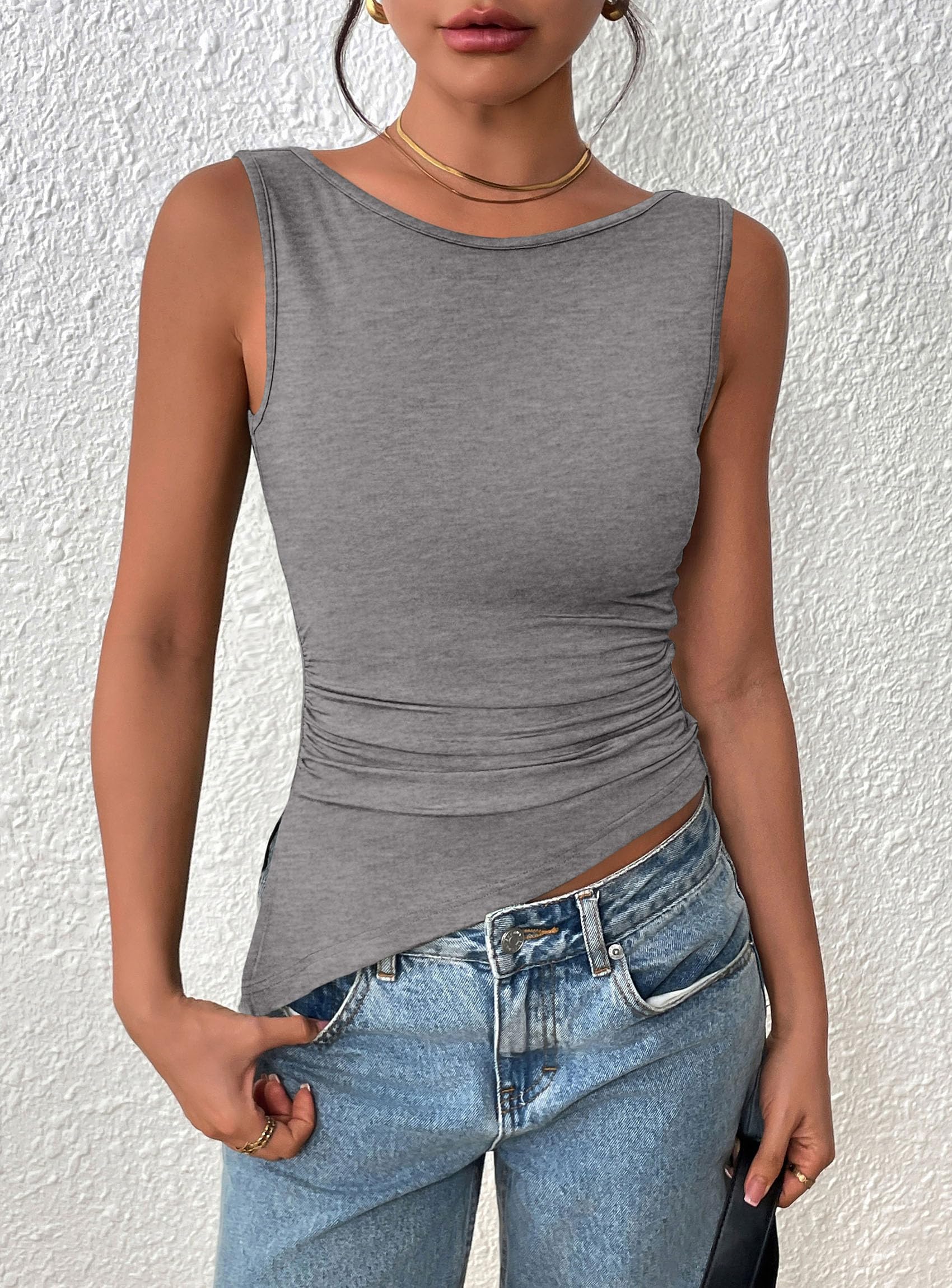 Women's Ruched Tank Tops Summer Y2K Shirts,Grey,S