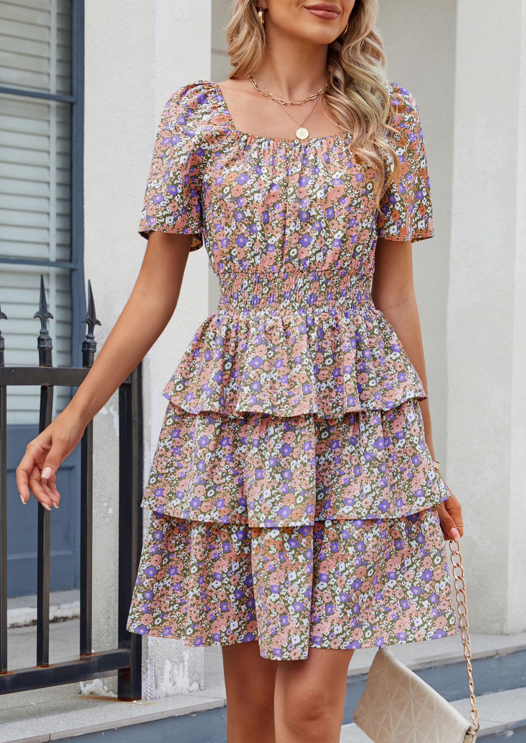 Women's Summer Floral Ruffle Short Dress Army Green Floral,S