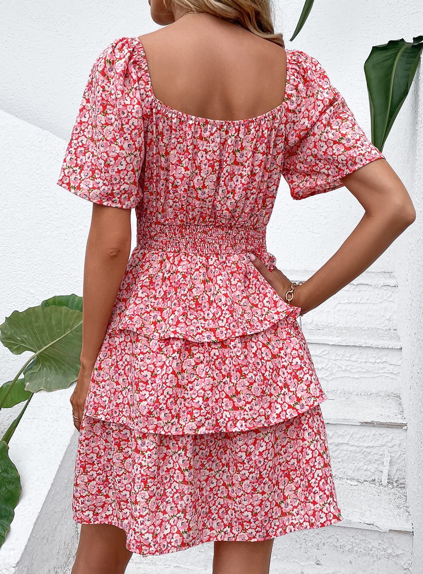 Women's 2025 Floral Summer Short Dress Square Neck Short Sleeve Tiered Ruffle Boho Swing Dresses (Red Pink Floral,Small)